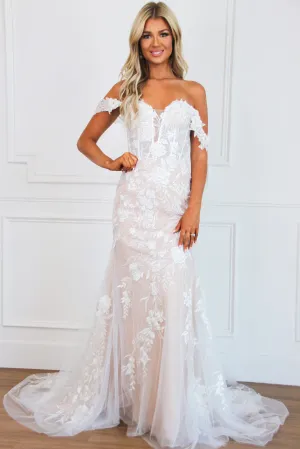 Abigail Off Shoulder Lace Wedding Dress: White/Nude