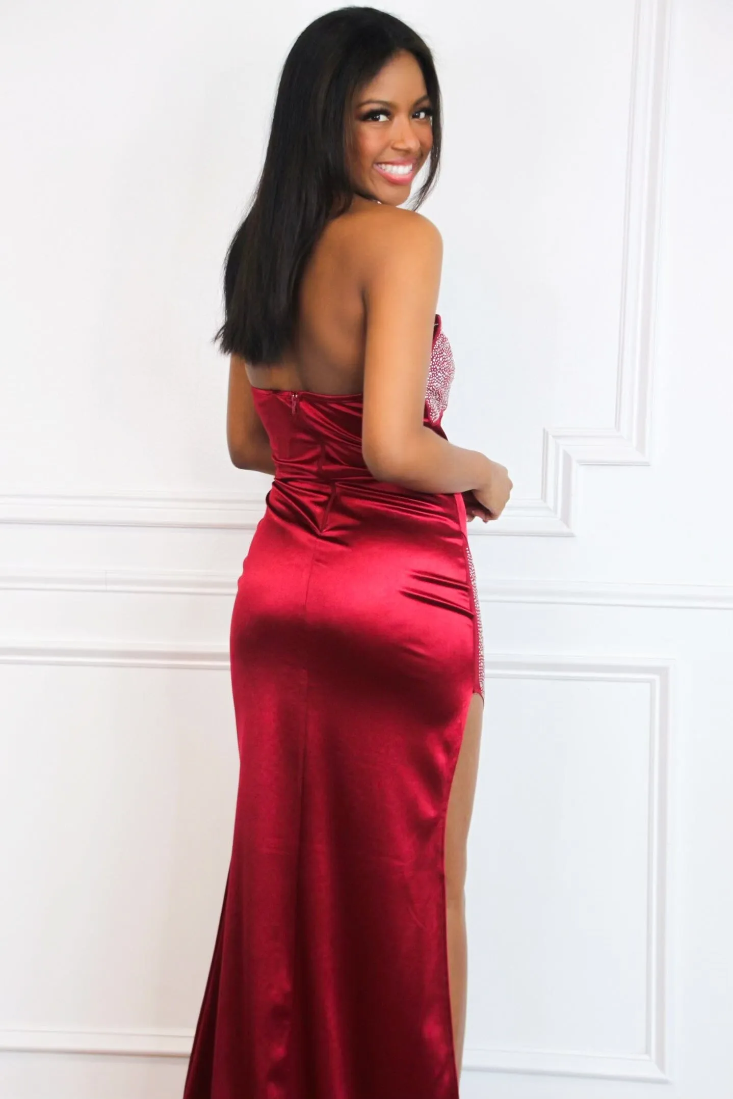 Add a Little Sparkle Rhinestone Satin Maxi Dress: Dark Red