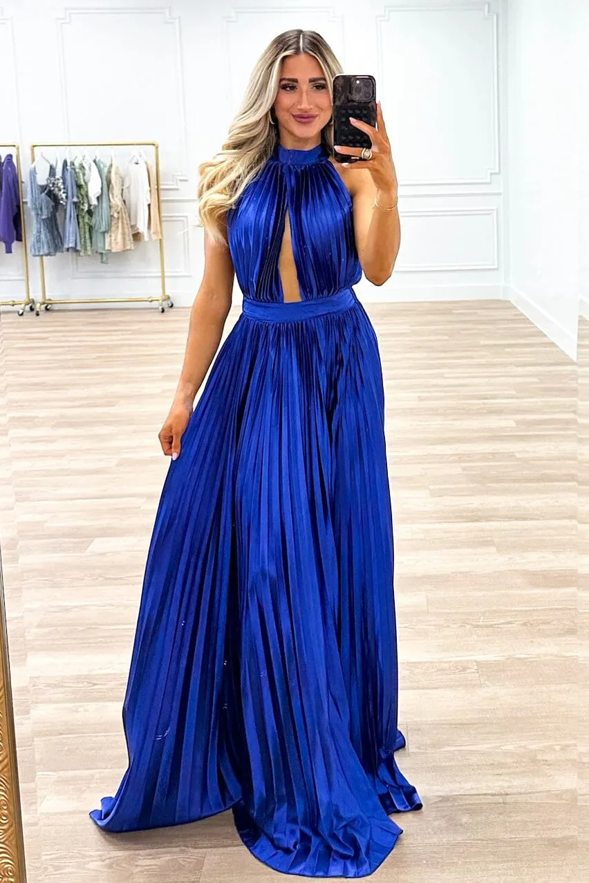 Addicted to Love Pleated Halter Maxi Dress: Royal Blue