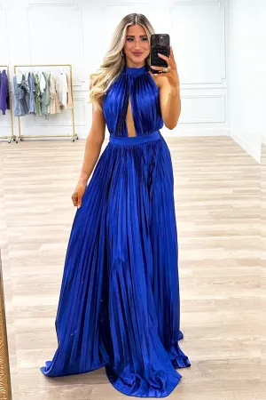 Addicted to Love Pleated Halter Maxi Dress: Royal Blue