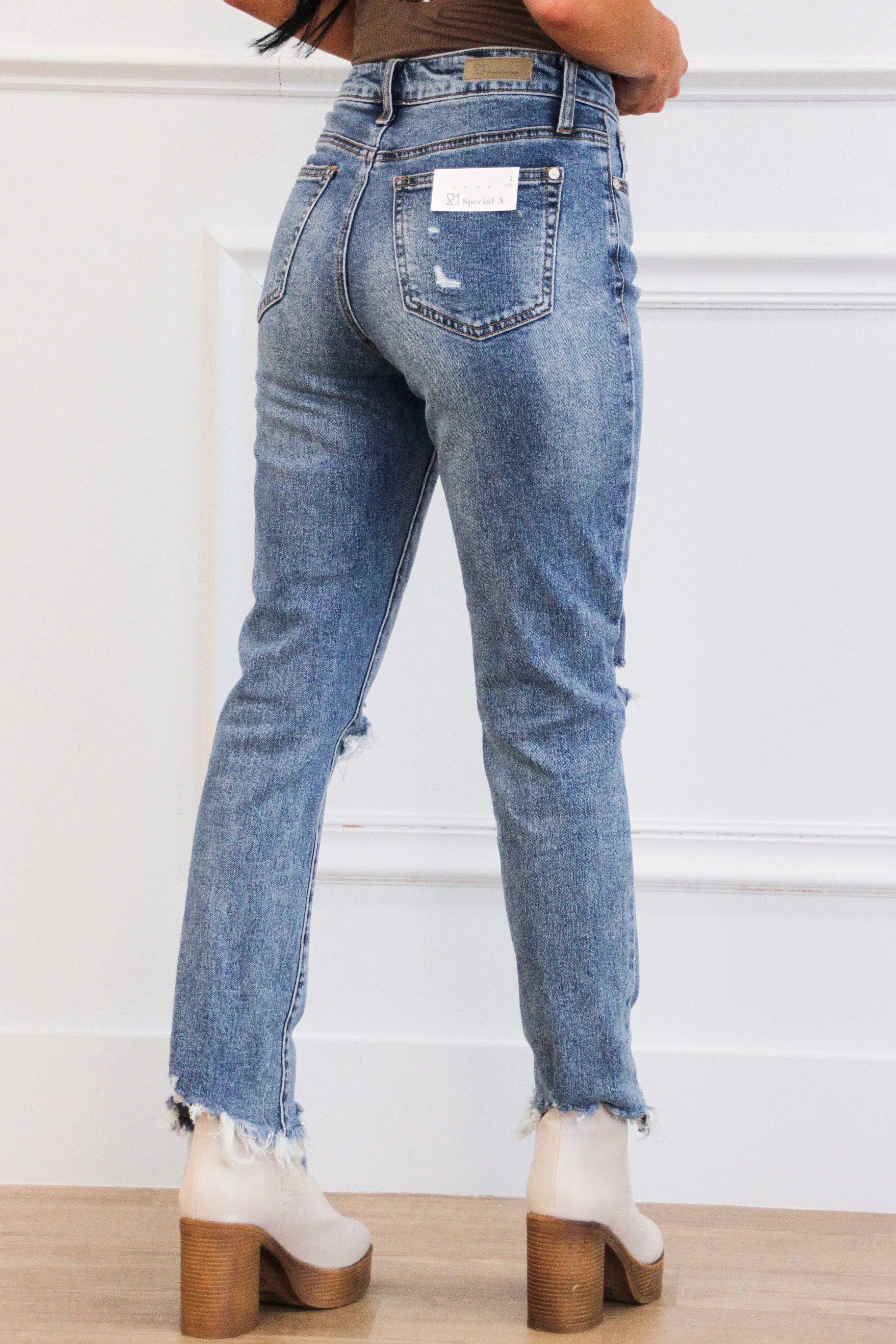 Addie Distressed Mid Rise Straight Denim: Medium Wash