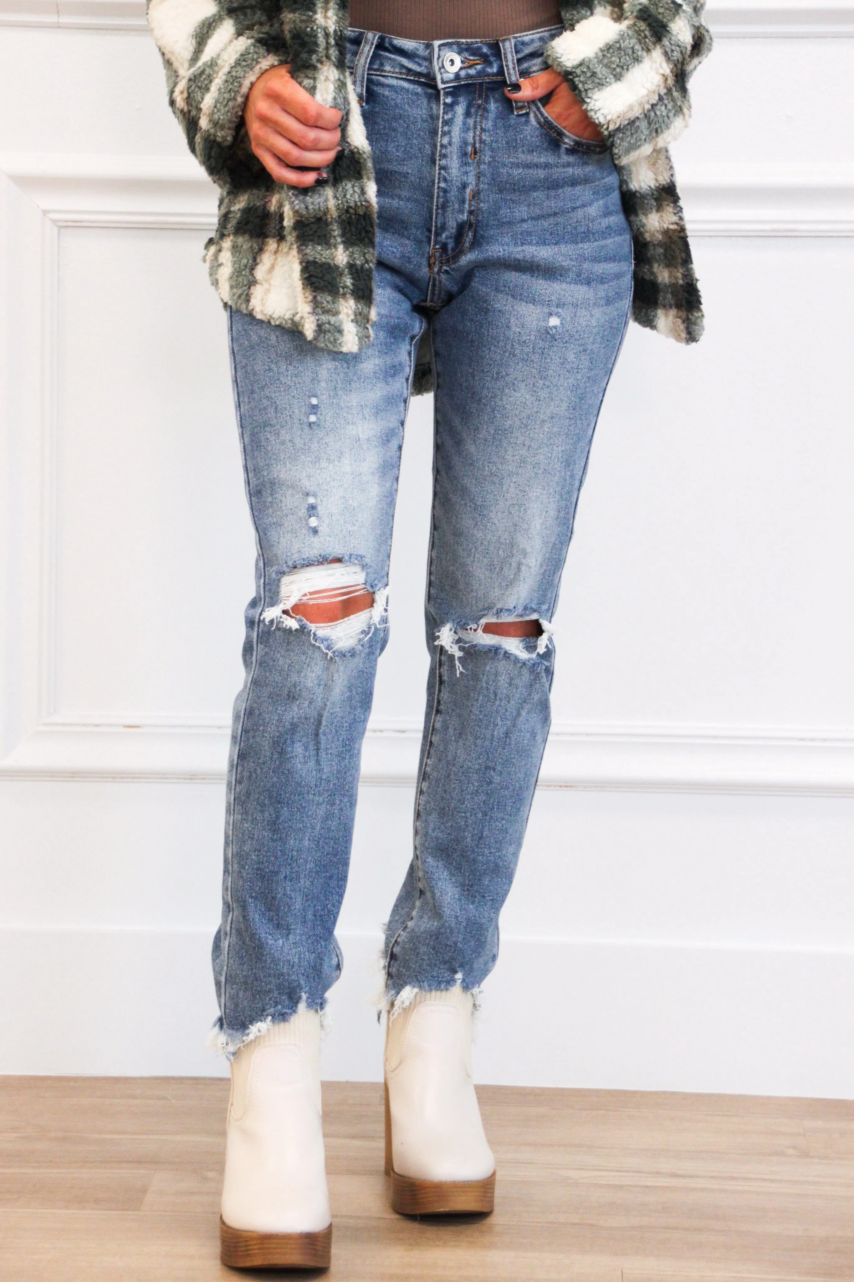Addie Distressed Mid Rise Straight Denim: Medium Wash