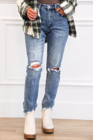 Addie Distressed Mid Rise Straight Denim: Medium Wash