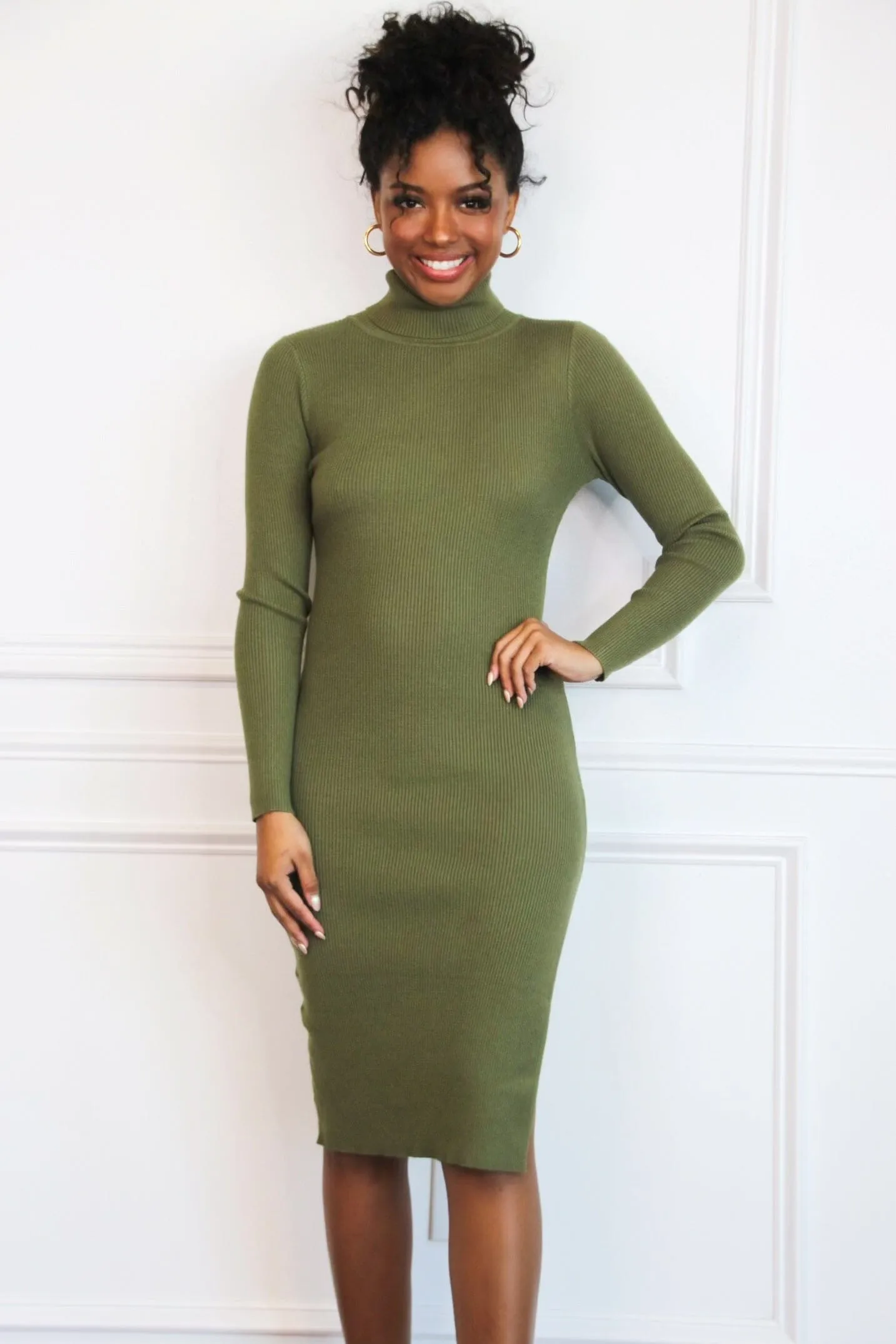 Aiko Turtleneck Sweater Dress: Olive