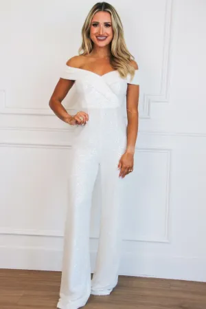 Always Been You Off Shoulder Sequin Jumpsuit: White