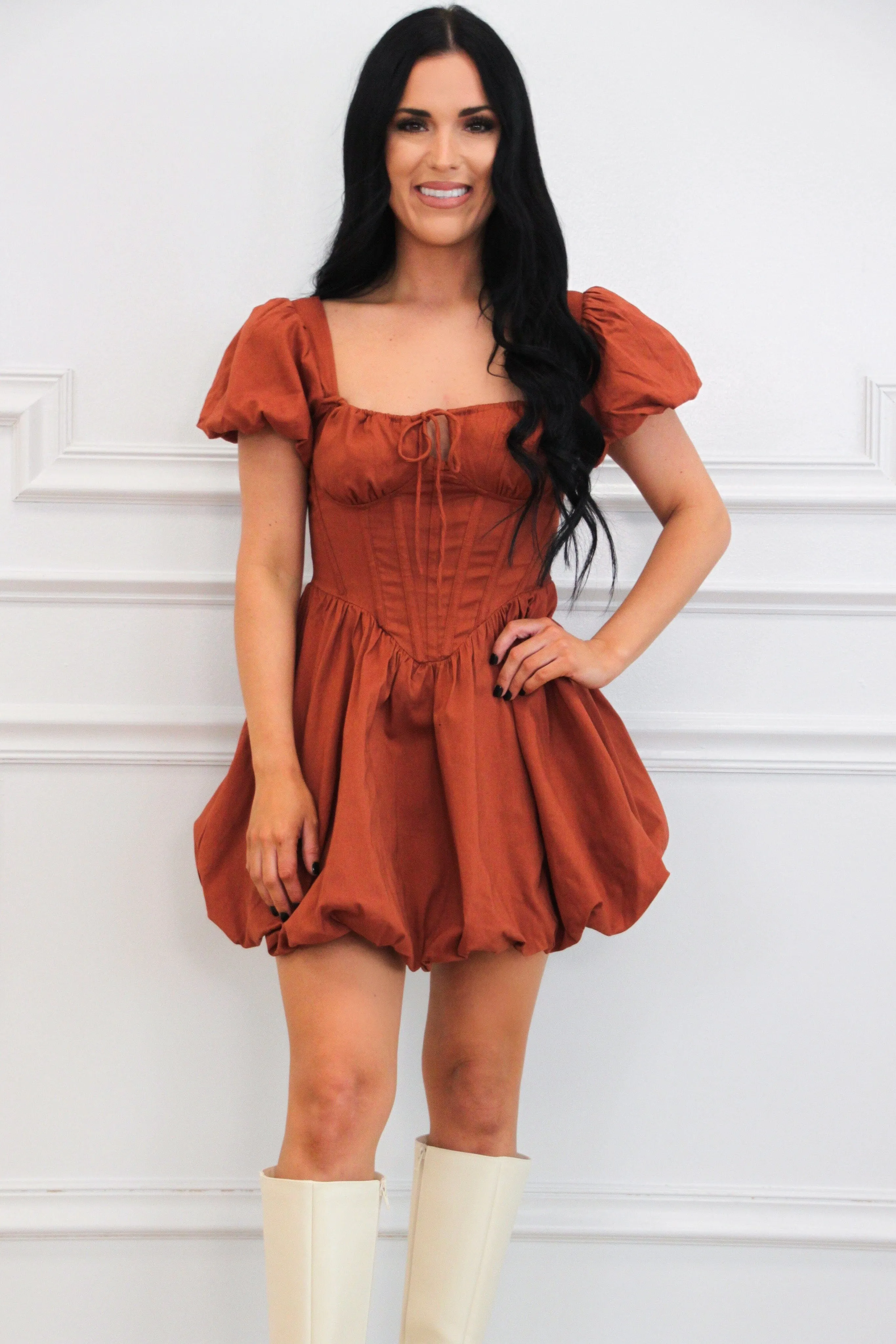 Always You Bustier Bubble Hem Mini Dress: Brick