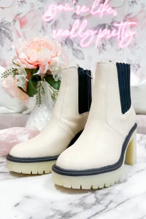 Anastasia Block Heel Booties: Beige/Black