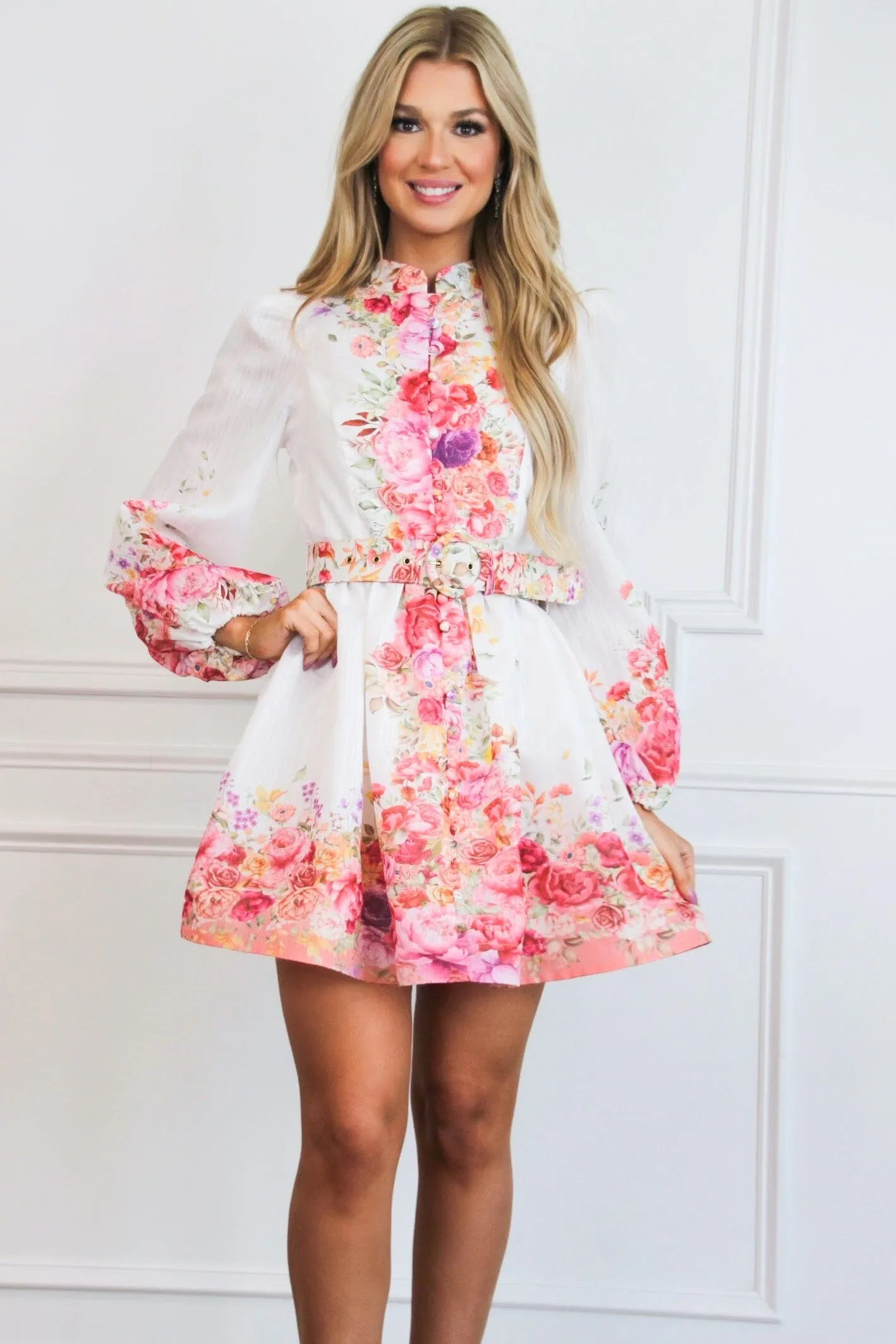 Annaline Floral Belted Long Sleeve Dress: White Floral