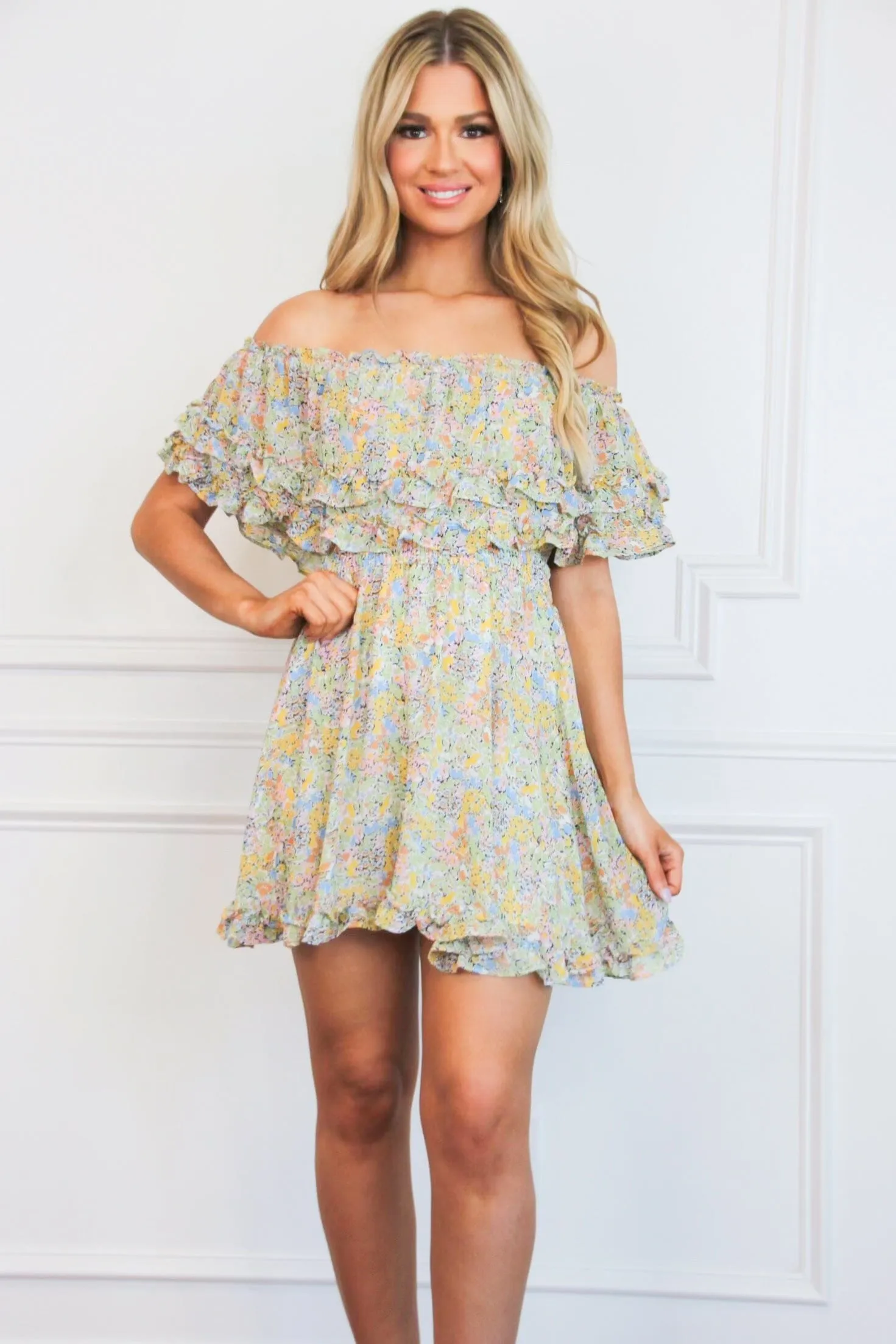 Annie Floral Ruffle Off Shoulder Dress: Yellow/Blue/Green Multi