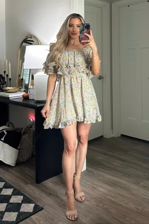 Annie Floral Ruffle Off Shoulder Dress: Yellow/Blue/Green Multi