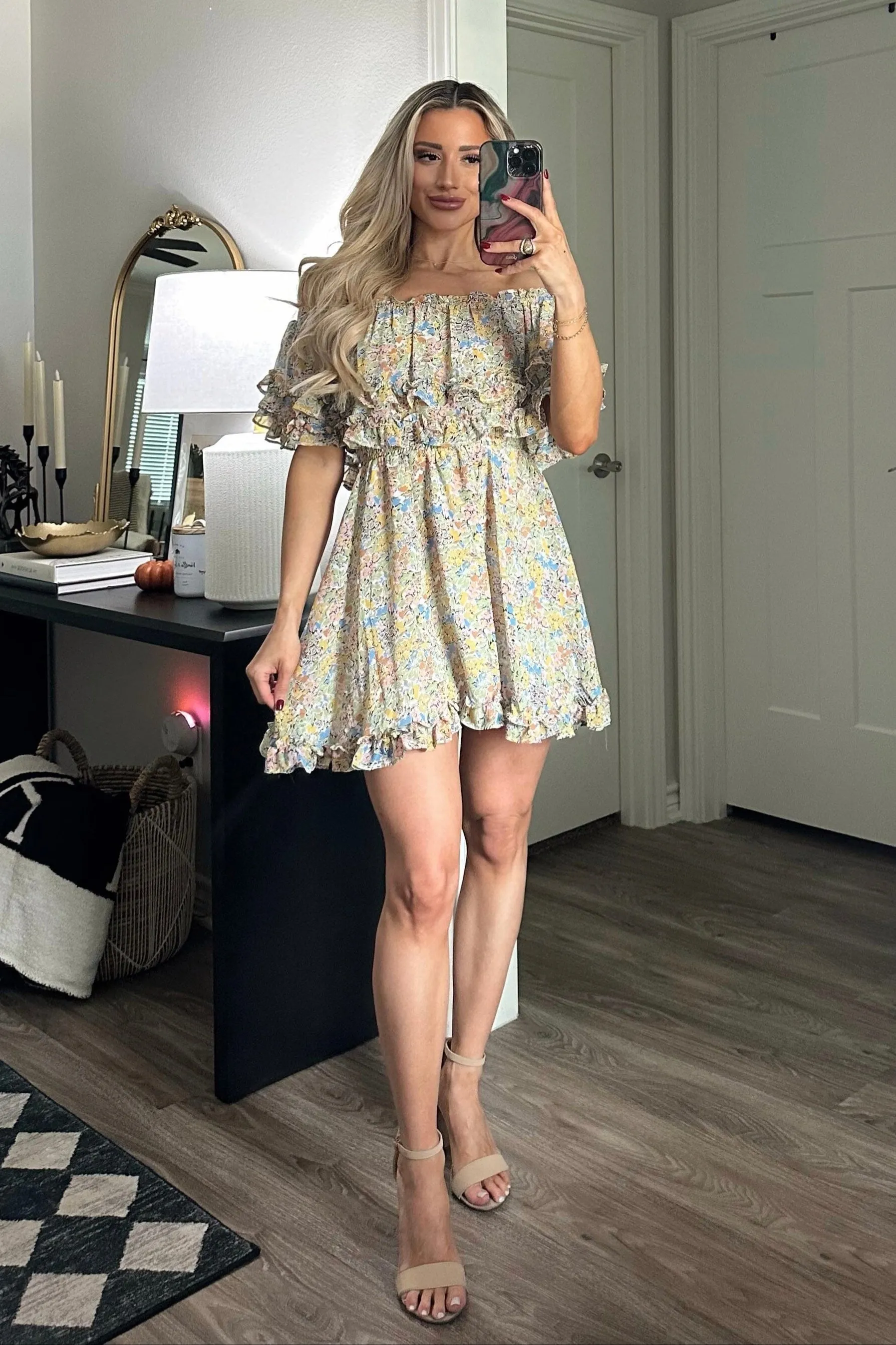 Annie Floral Ruffle Off Shoulder Dress: Yellow/Blue/Green Multi