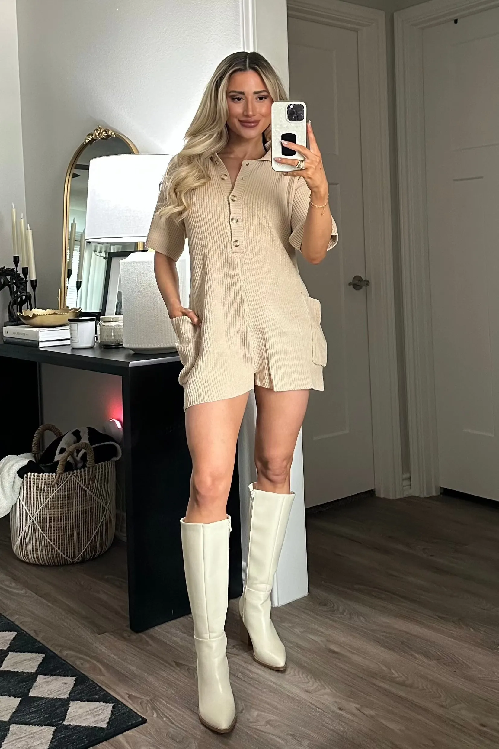 At Your Leisure Knit Sweater Romper: Taupe