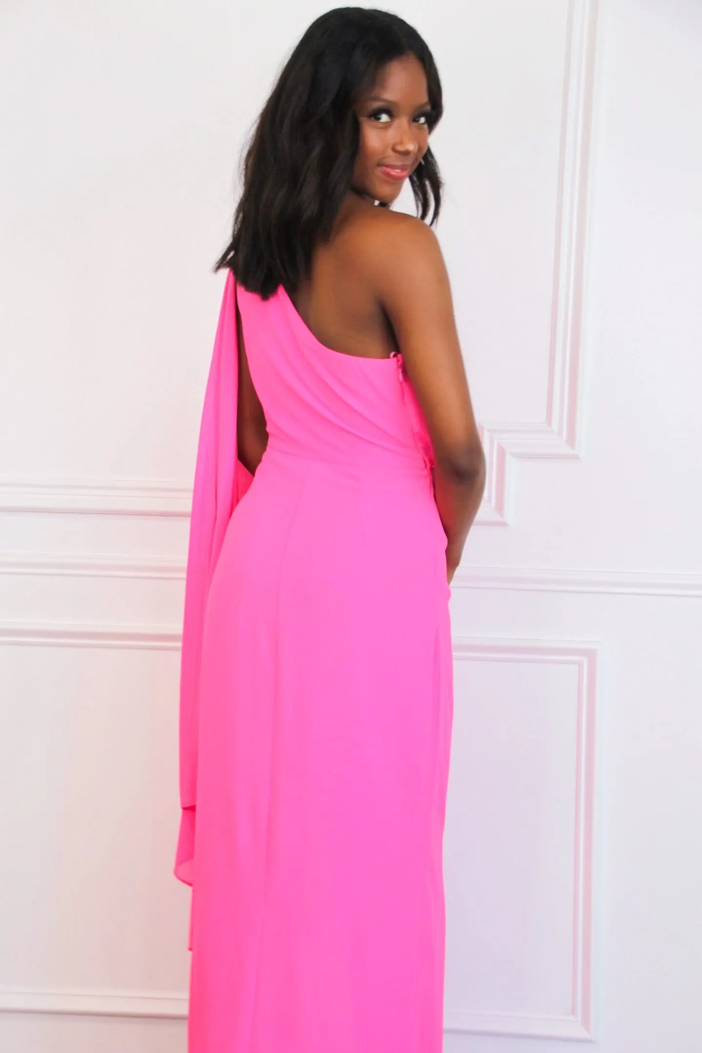 Athena One Shoulder Cape Sleeve Maxi Dress: Electric Pink