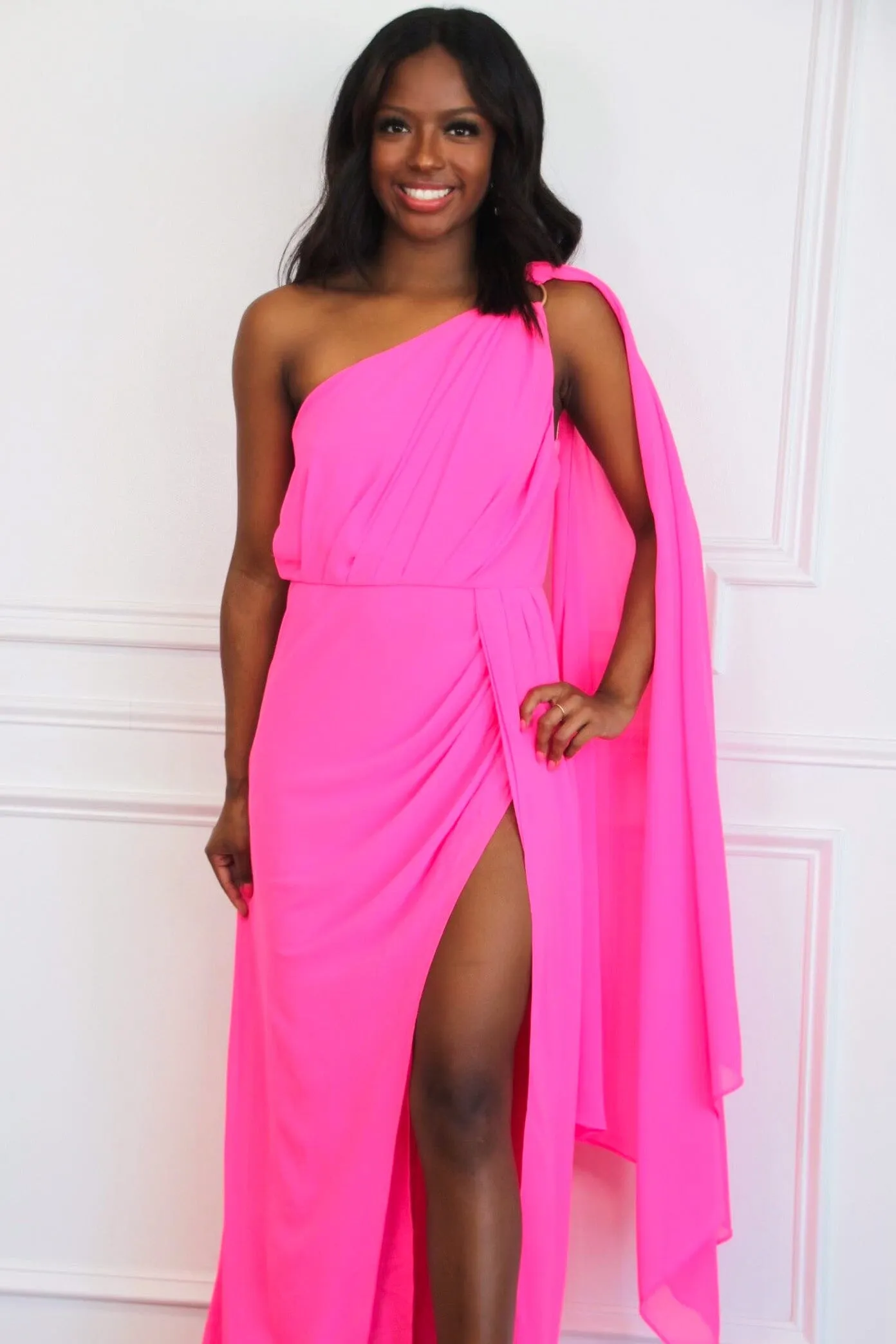 Athena One Shoulder Cape Sleeve Maxi Dress: Electric Pink