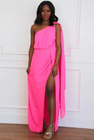 Athena One Shoulder Cape Sleeve Maxi Dress: Electric Pink