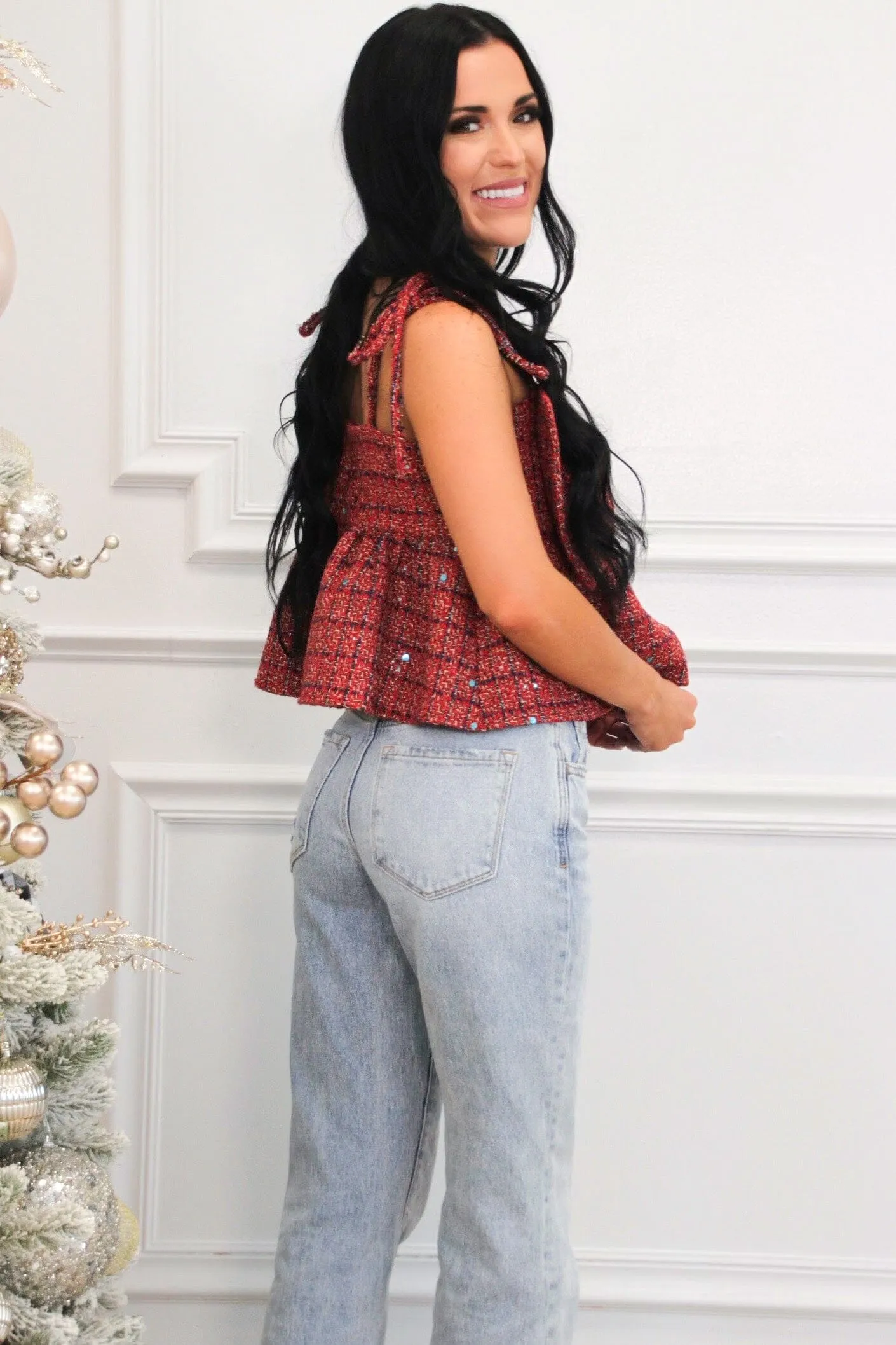 Atlas Bow Babydoll Plaid Tweed Top: Red