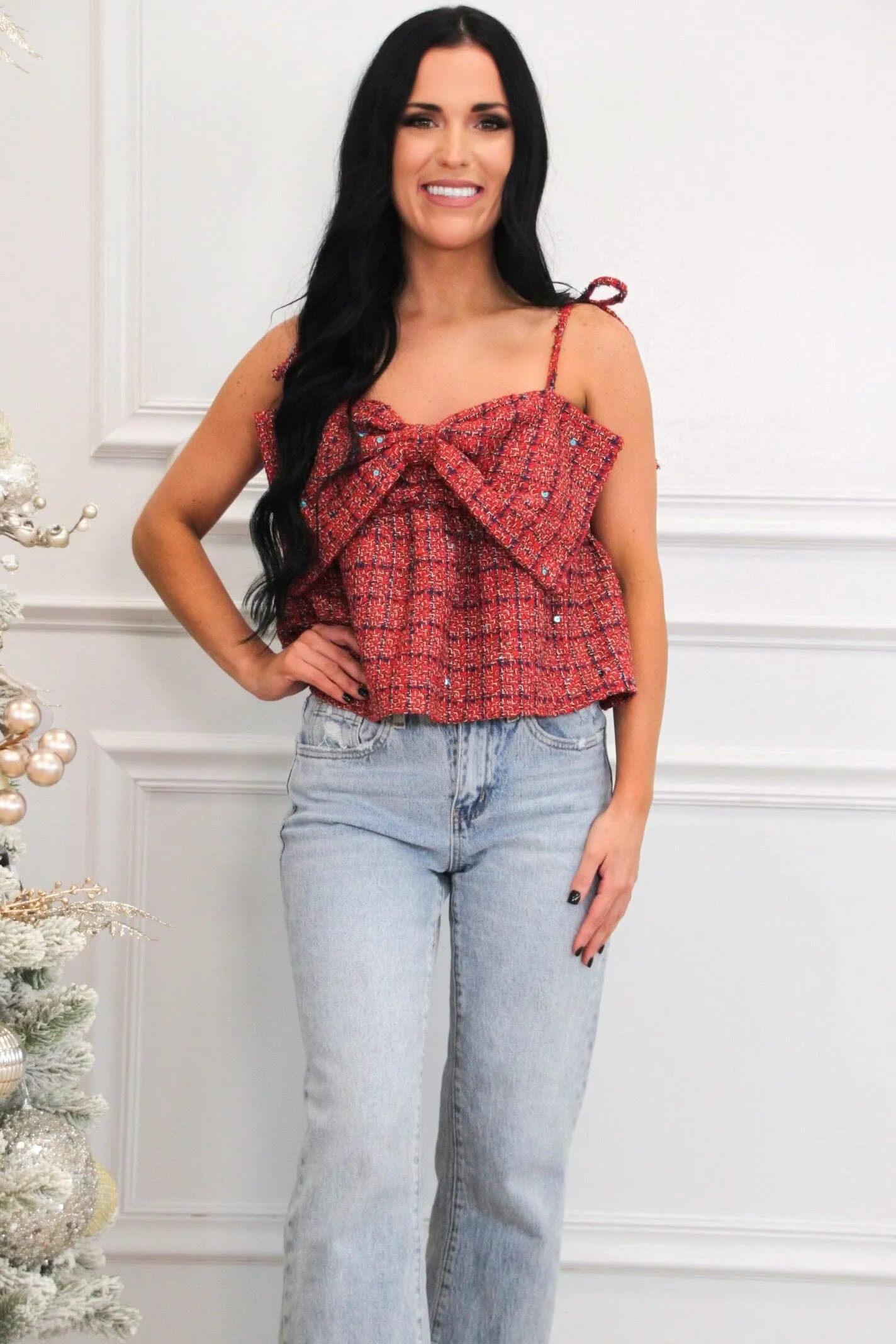 Atlas Bow Babydoll Plaid Tweed Top: Red