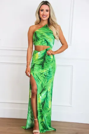Ava Cutout One Shoulder Maxi Dress: Green/Yellow Palm