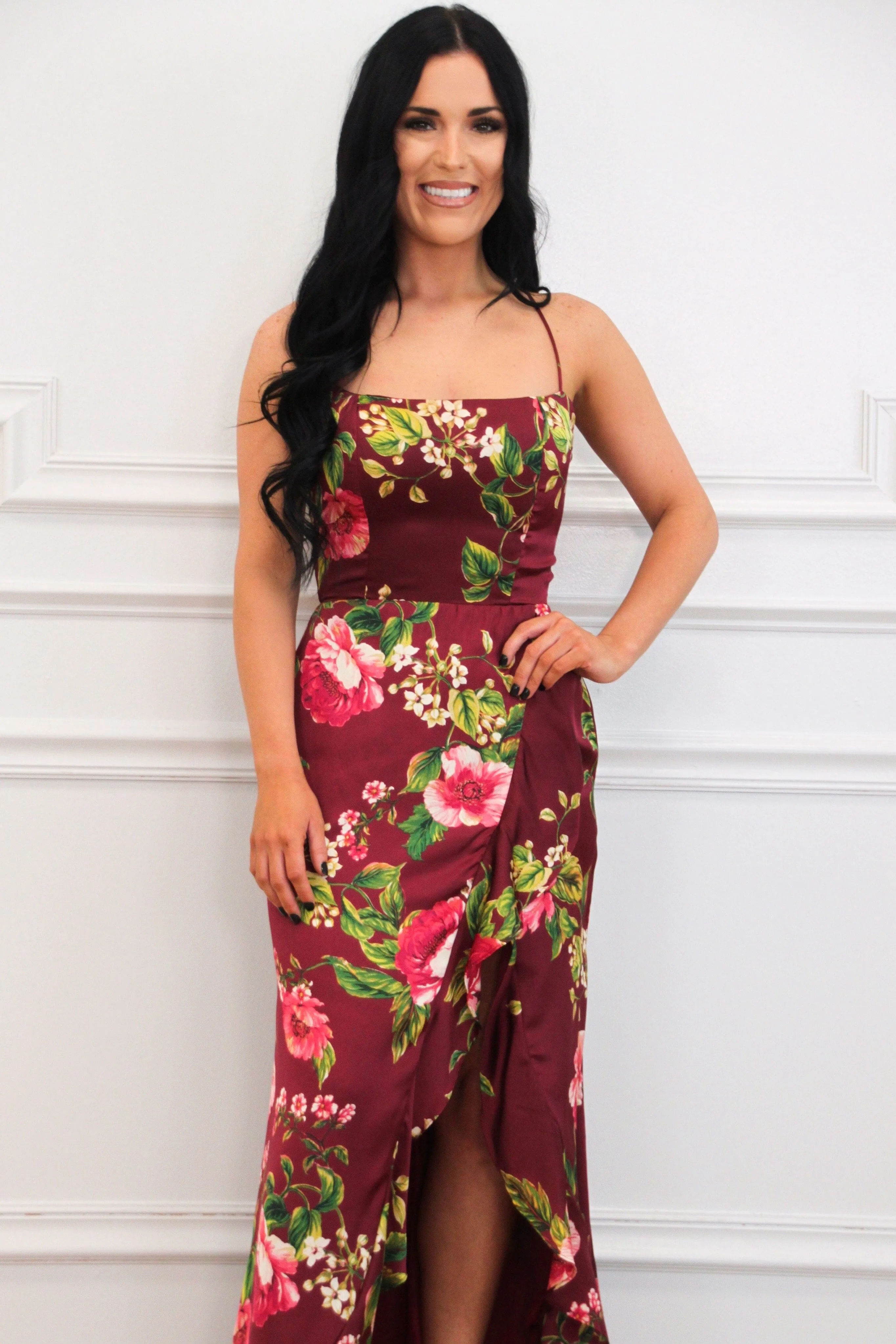 Azura Lace Up Back Satin Ruffle Maxi Dress: Wine Merlot Rose