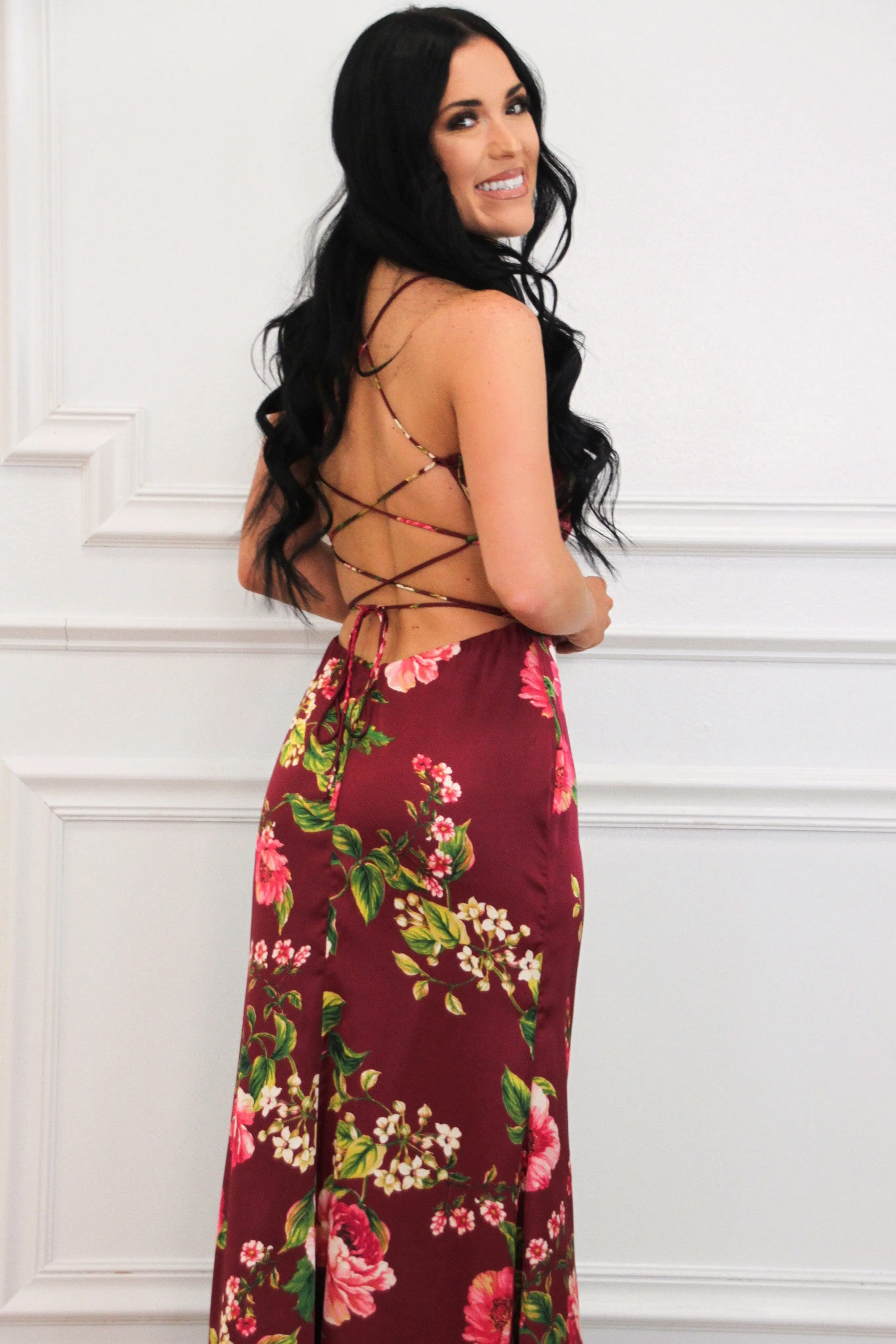 Azura Lace Up Back Satin Ruffle Maxi Dress: Wine Merlot Rose