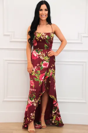 Azura Lace Up Back Satin Ruffle Maxi Dress: Wine Merlot Rose