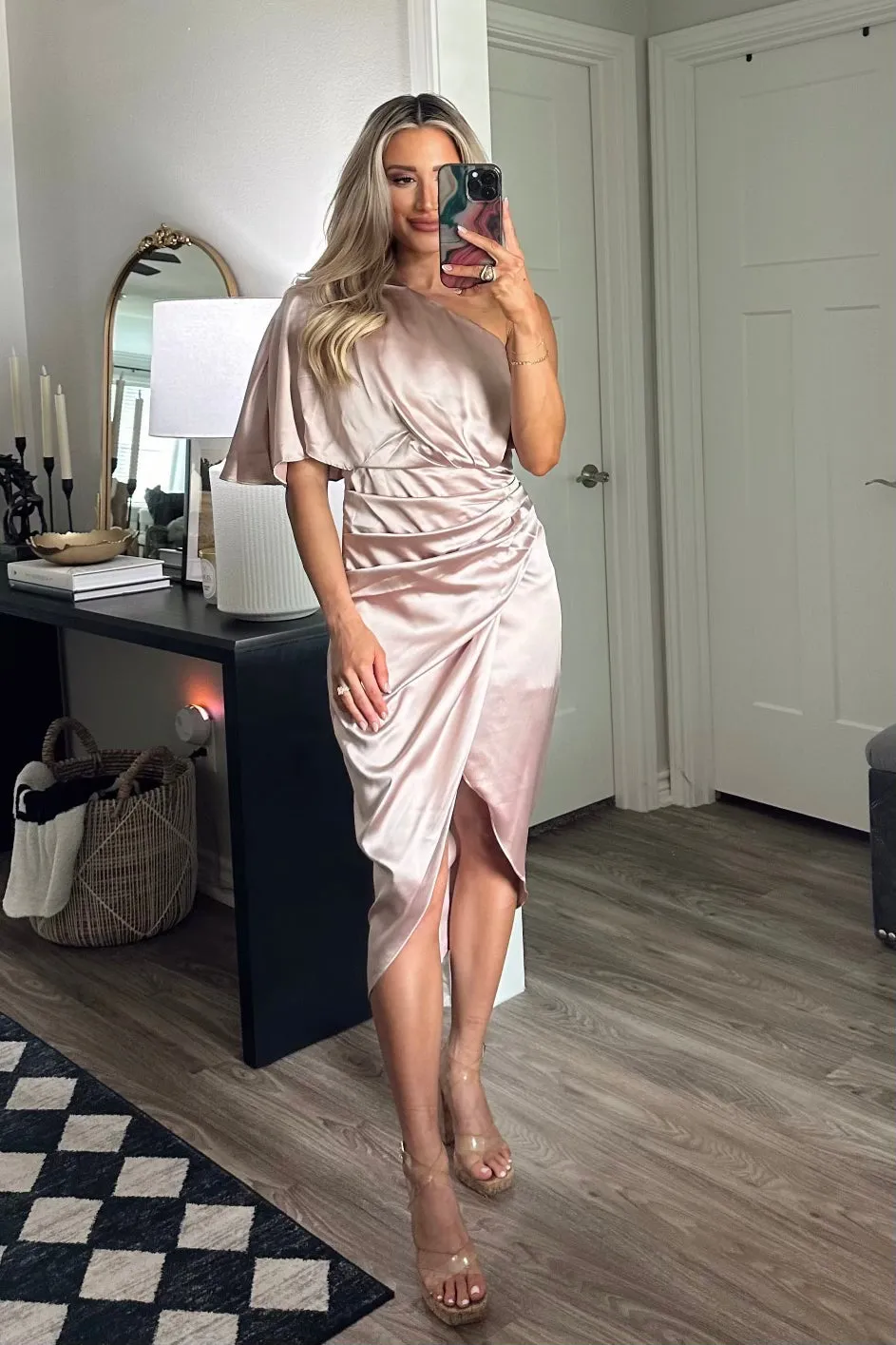 Back to You One Shoulder Midi Dress: Ballet Slipper Blush