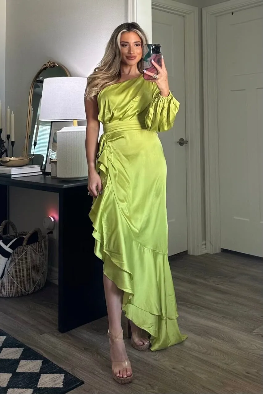 Barcelona One Shoulder Satin Ruffle Maxi Dress: Lime