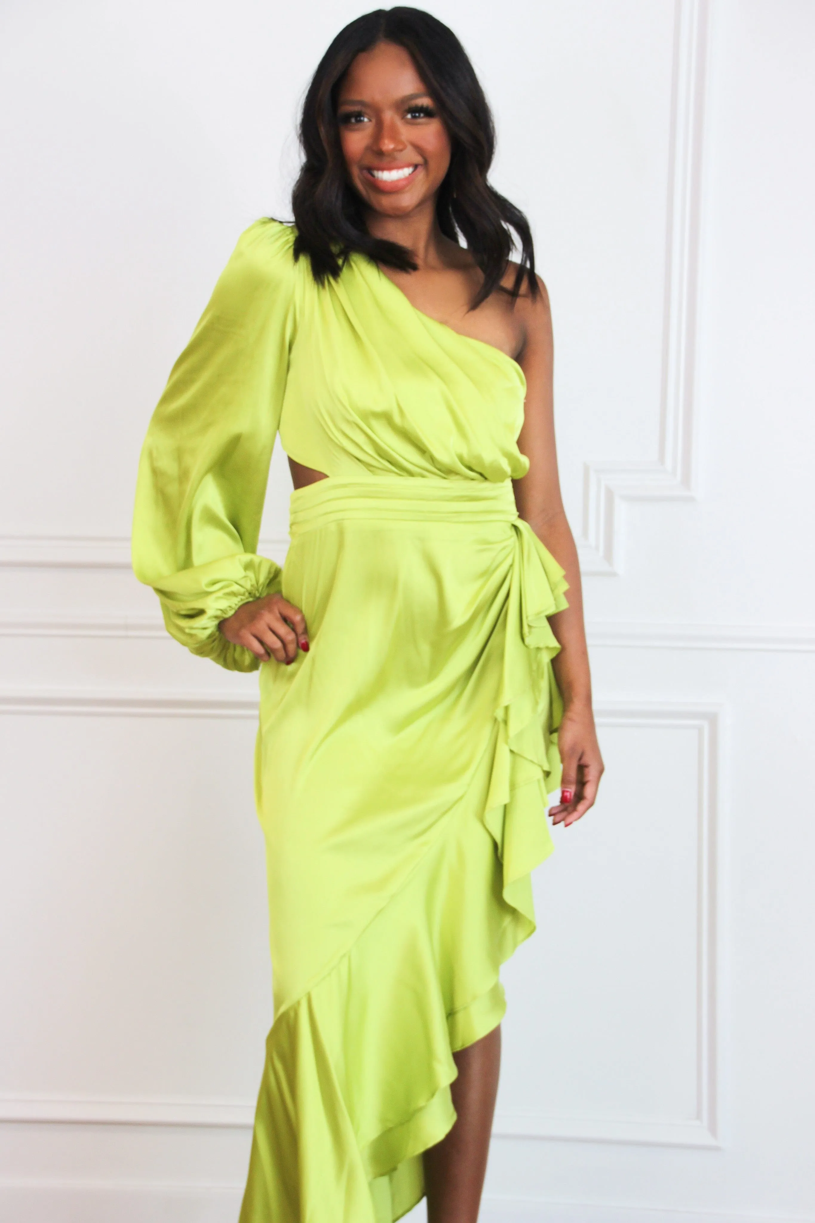 Barcelona One Shoulder Satin Ruffle Maxi Dress: Lime