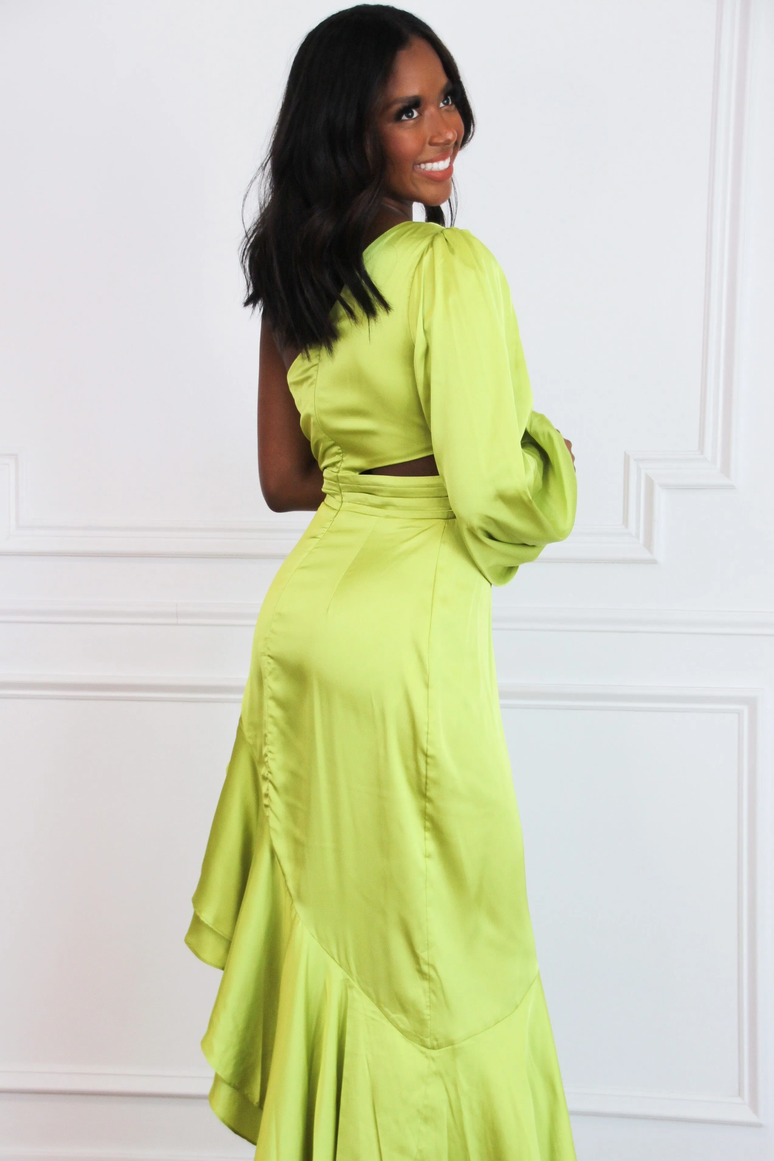 Barcelona One Shoulder Satin Ruffle Maxi Dress: Lime
