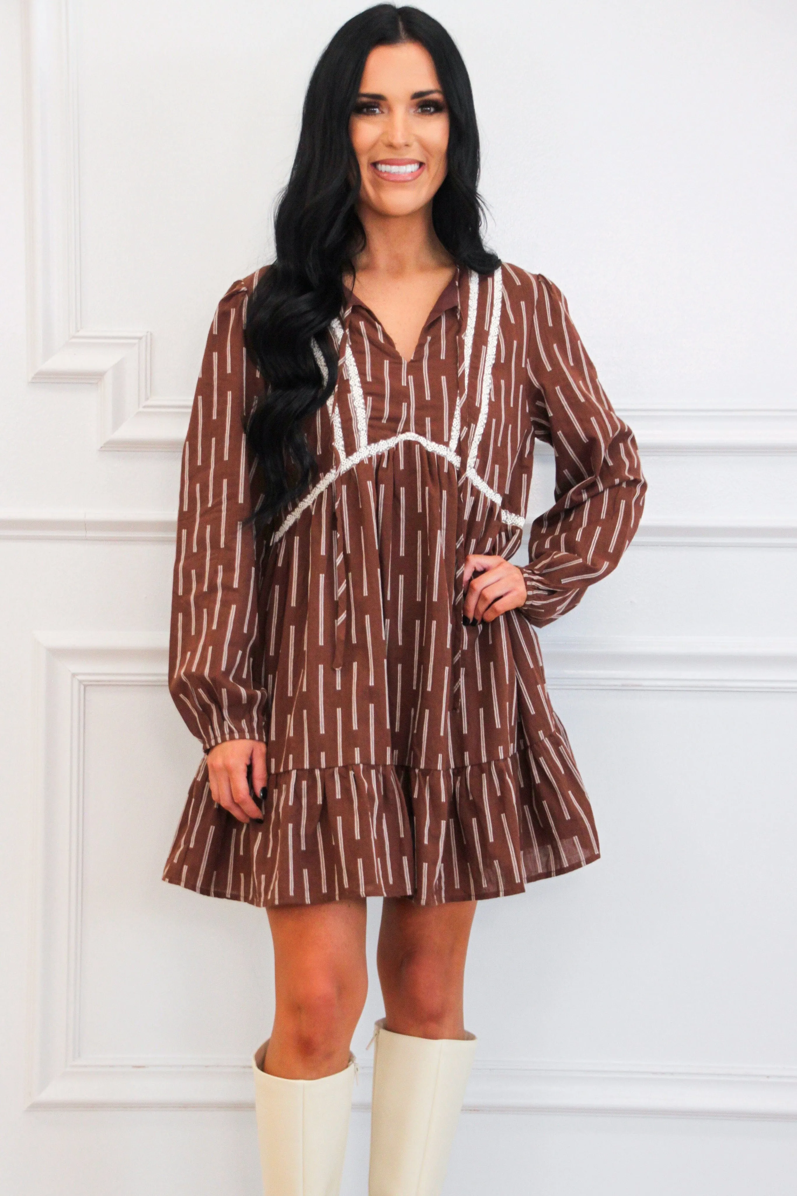 Baruch Long Sleeve Dress: Brown/Ivory