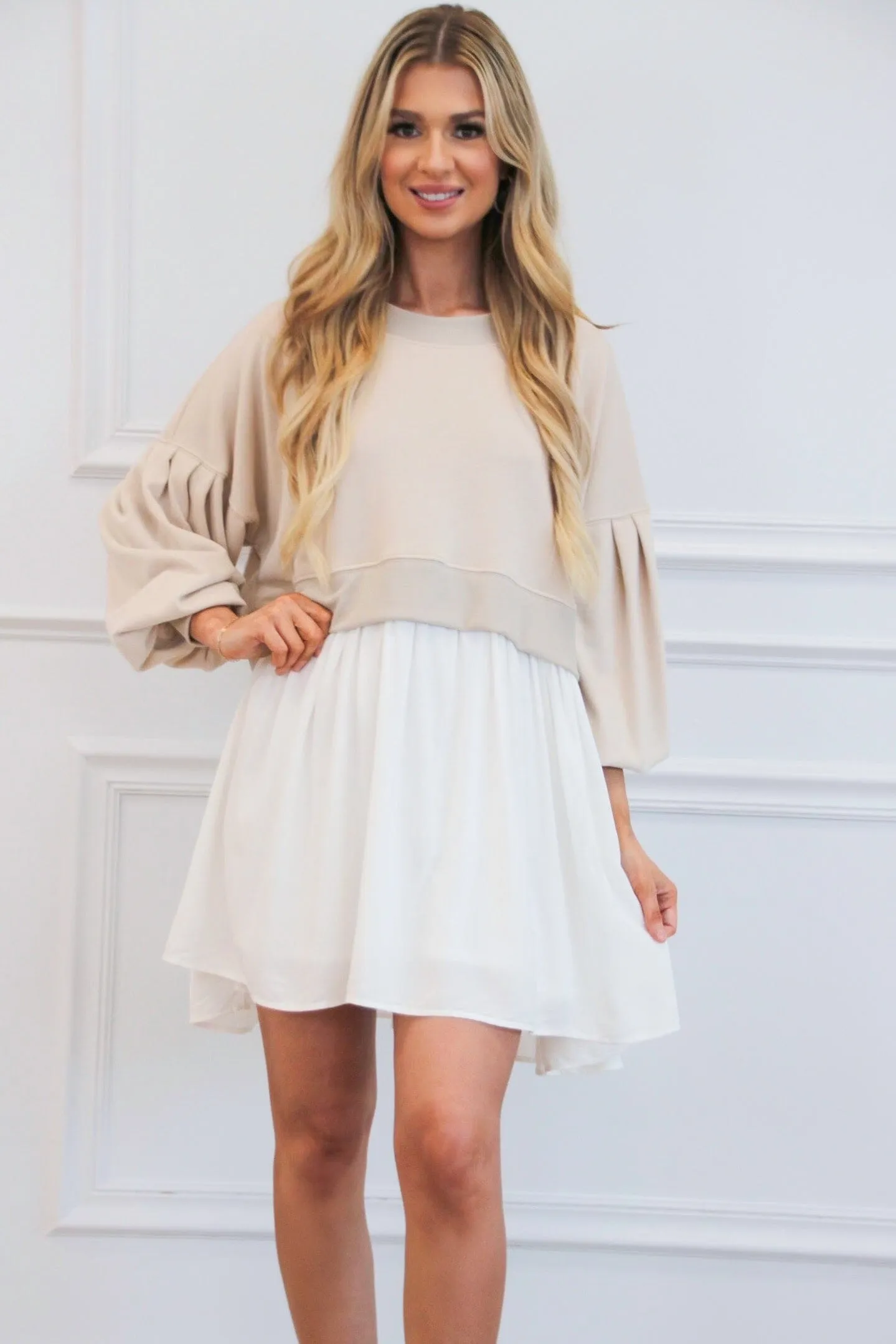 Baylor Layered Dress: Taupe/White
