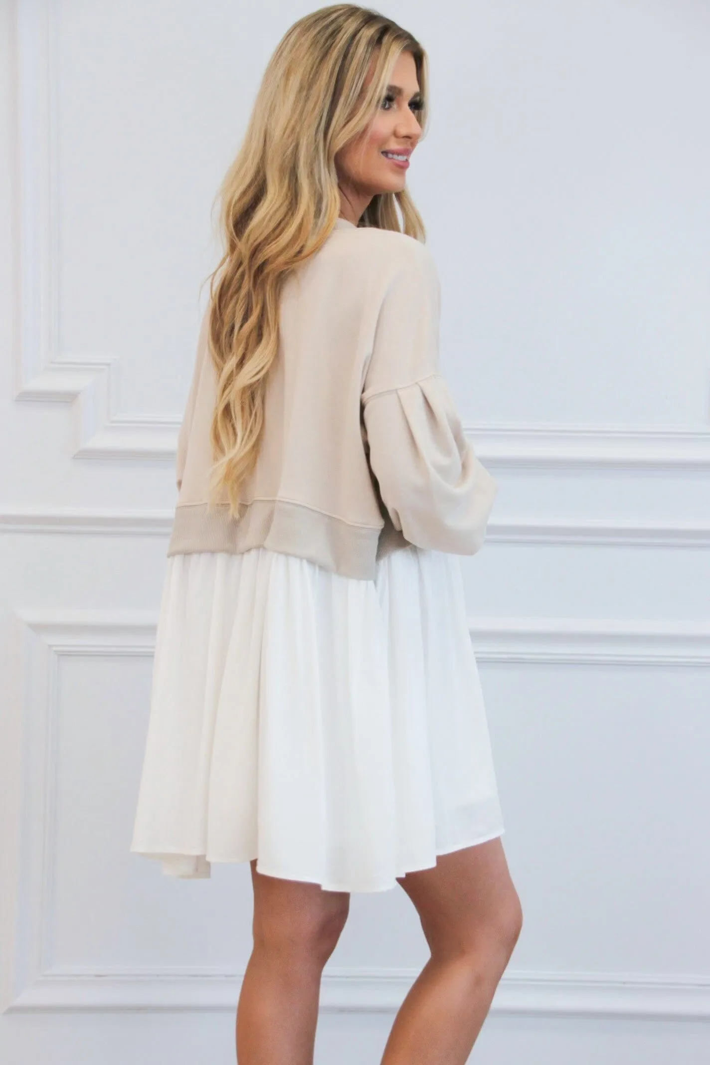 Baylor Layered Dress: Taupe/White