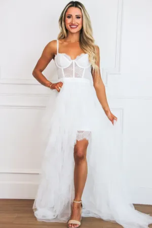 Be My Soulmate Lace Bustier Ruffle Maxi Dress: White