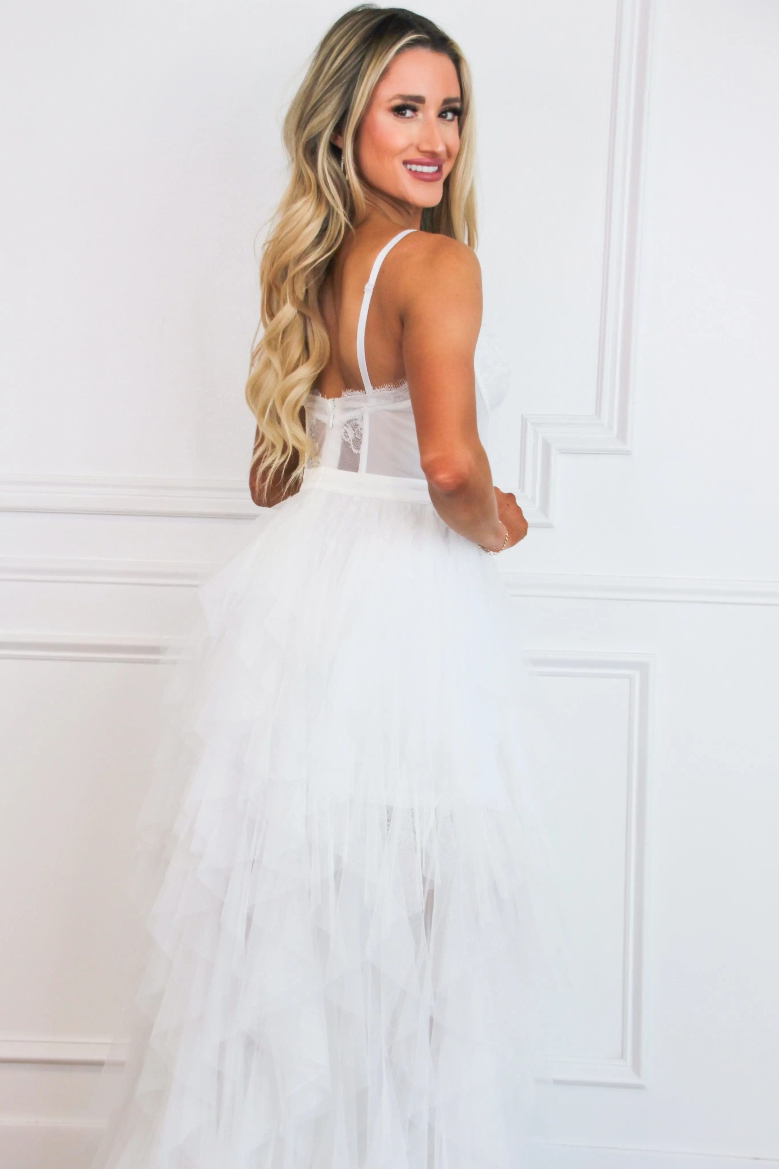 Be My Soulmate Lace Bustier Ruffle Maxi Dress: White