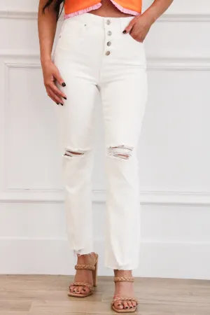 Benny High Rise Distressed Straight Denim: White