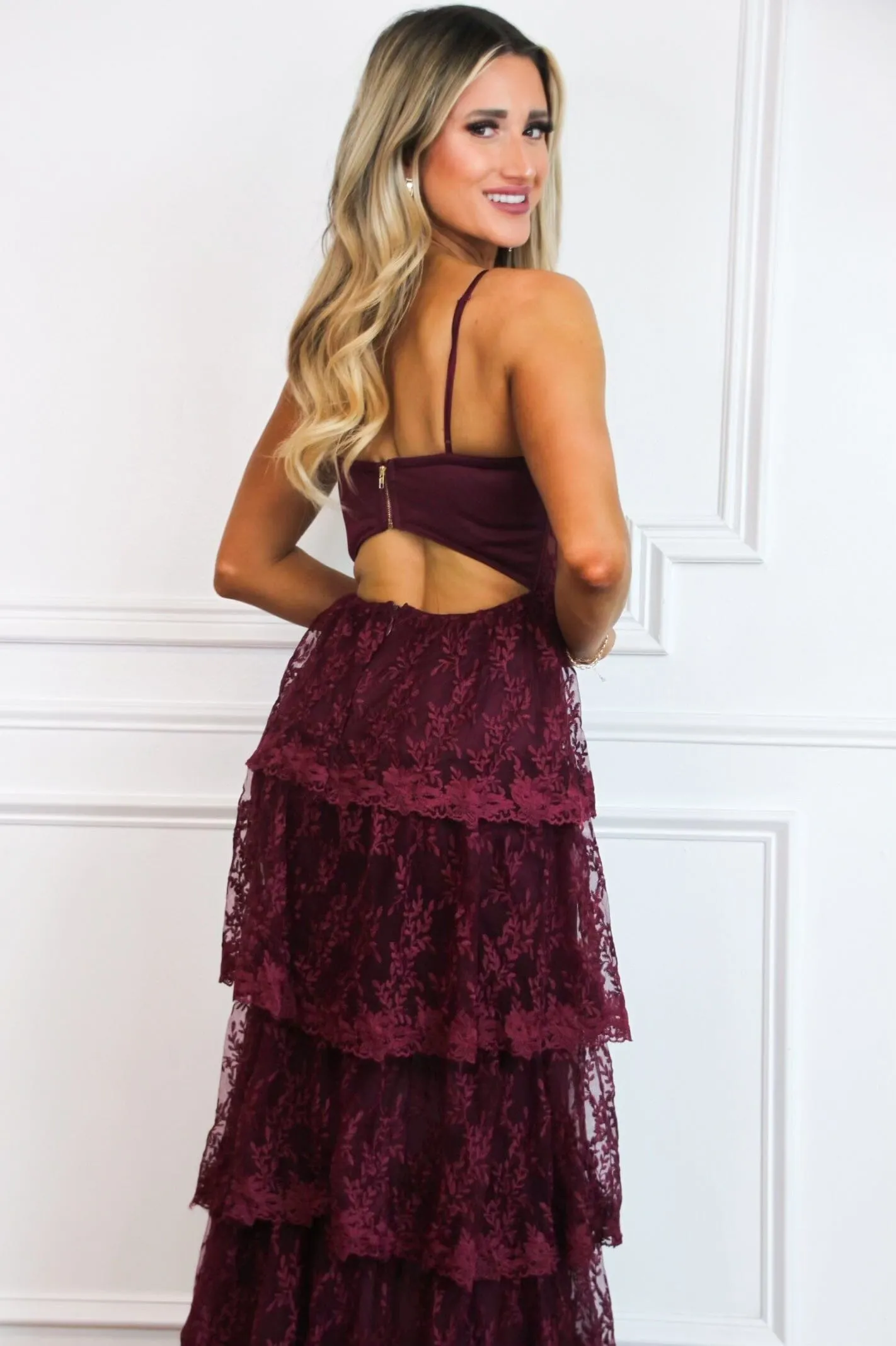 Beyond Romance Ruffle Lace Bustier Maxi Dress: Wine