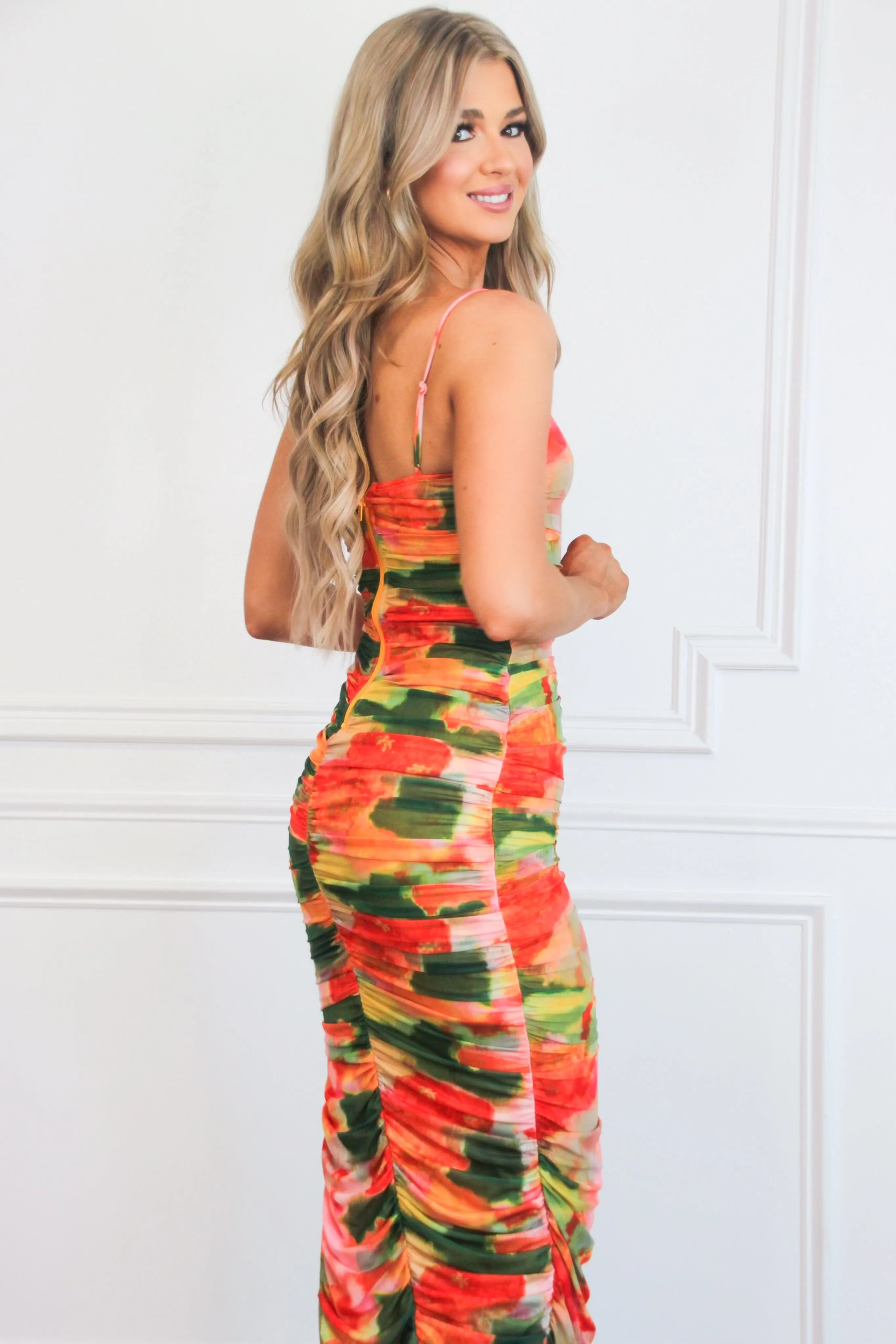 Blaise Ruched Abstract Midi Dress: Orange Multi