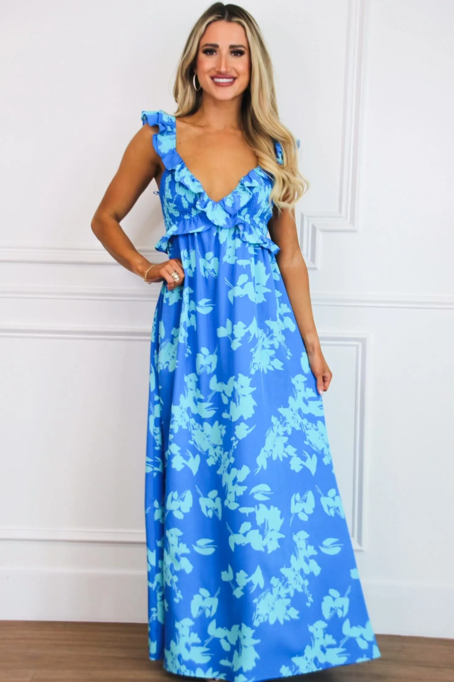 Blossom Beauty Floral Maxi Dress: Ocean Blue/Mint Multi
