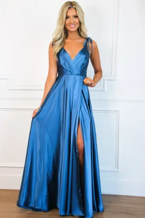 Born to Love You Satin Slit Formal Dress: Teal Navy