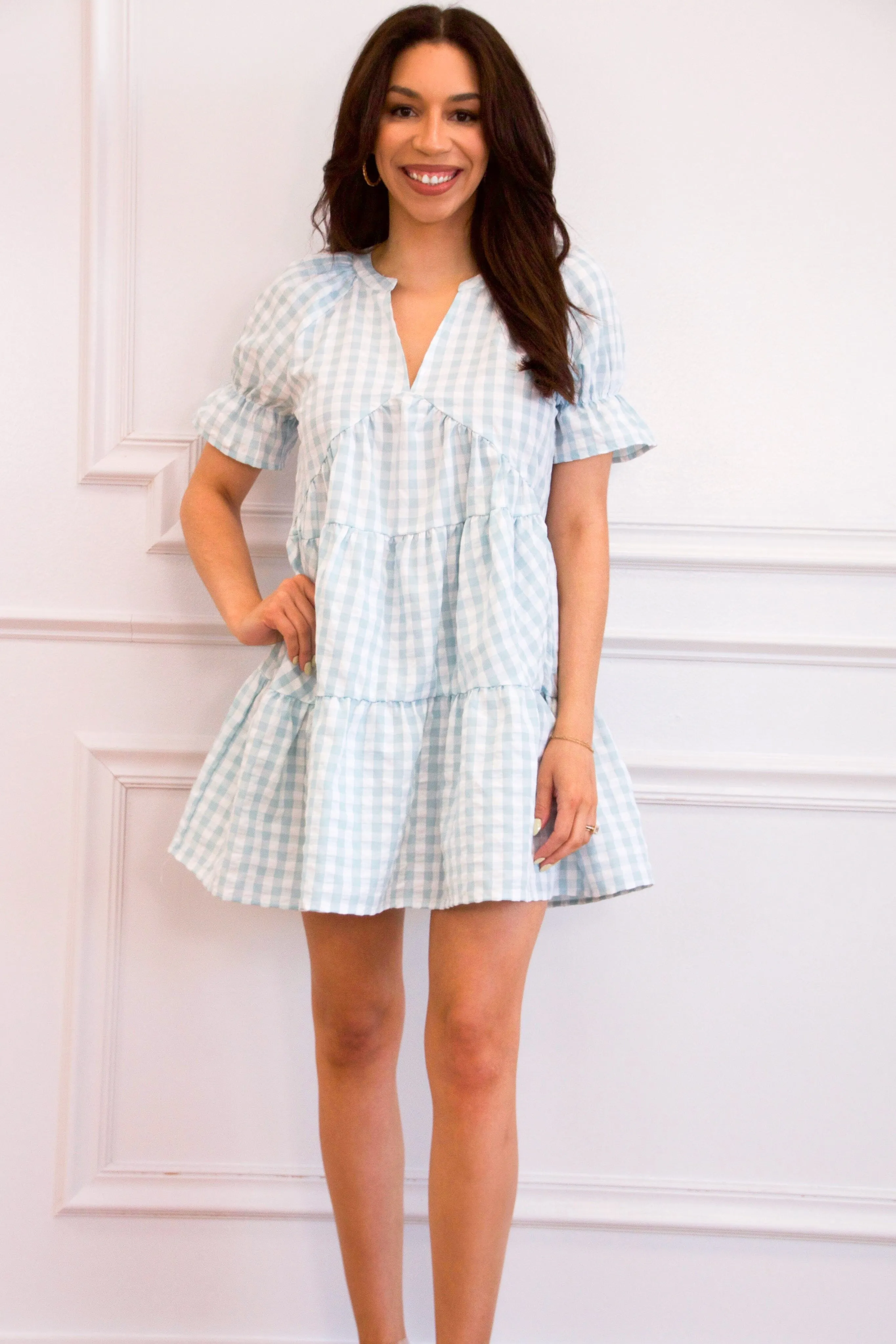 Bree Gingham Tiered Dress: Blue