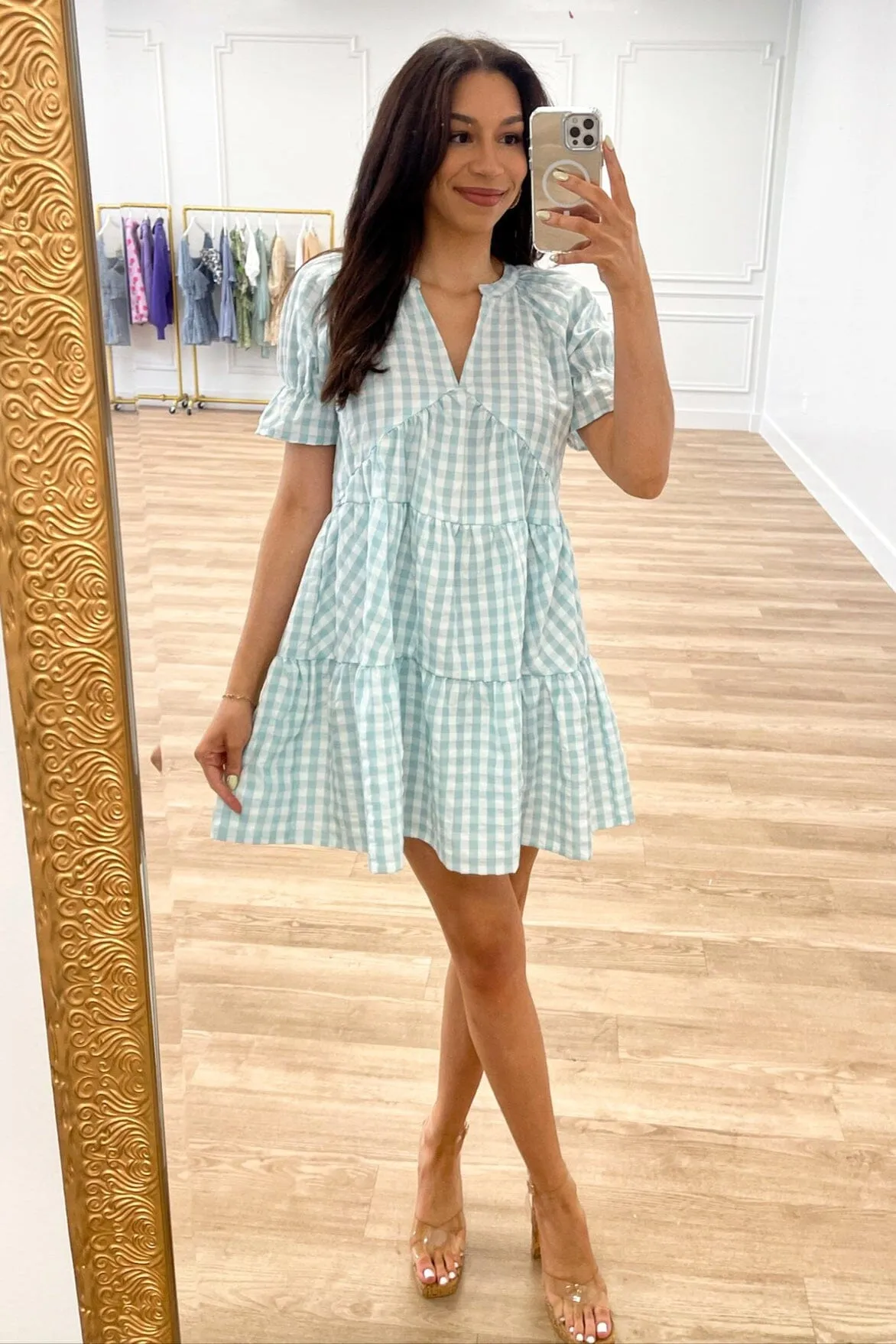 Bree Gingham Tiered Dress: Blue
