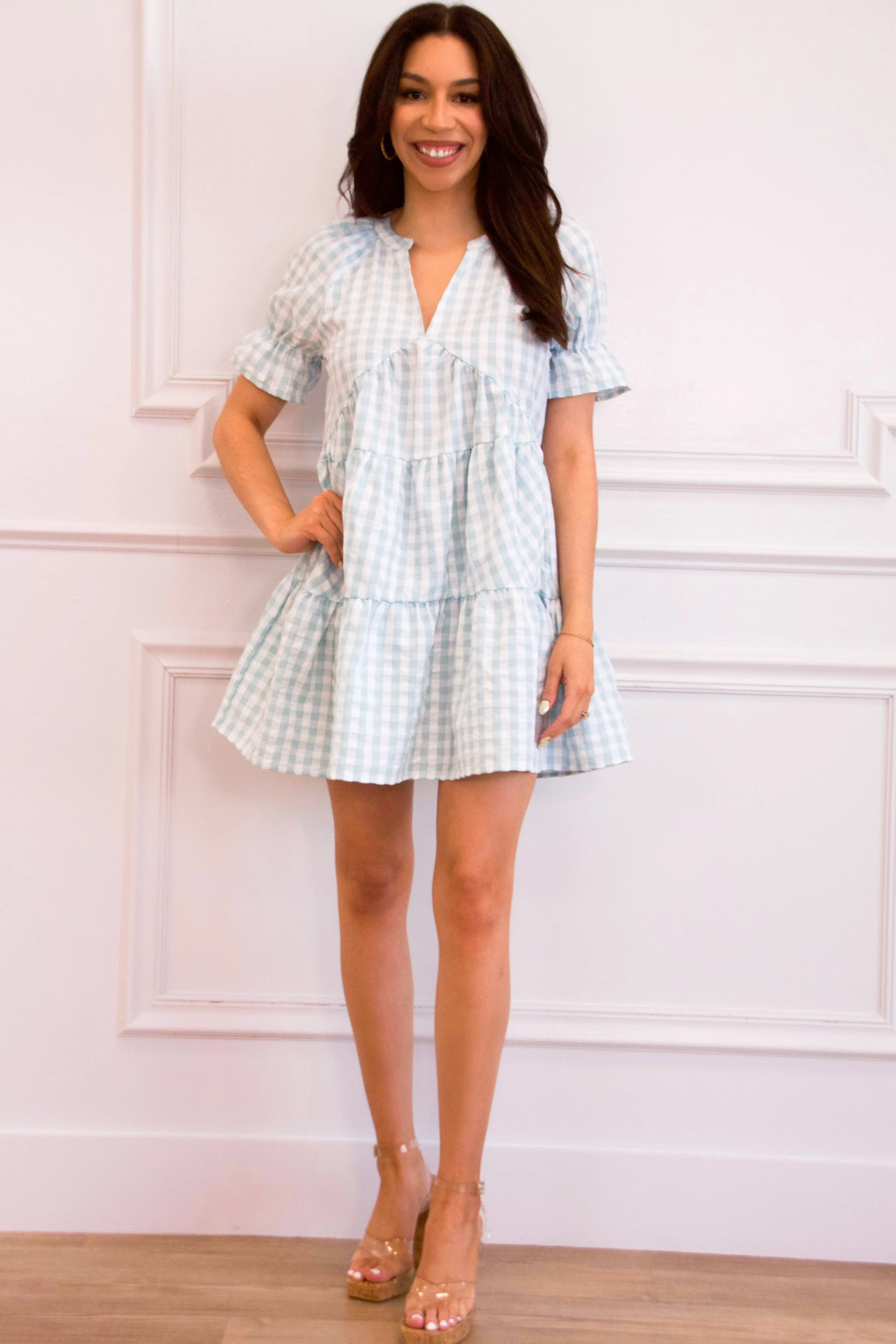 Bree Gingham Tiered Dress: Blue