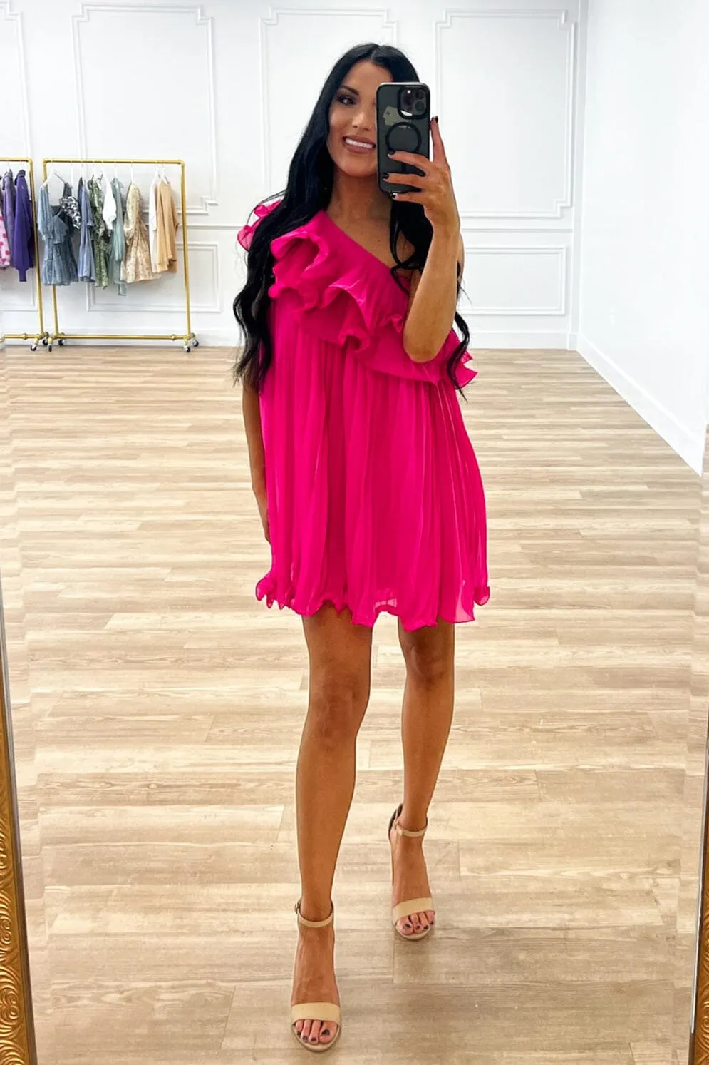 Briena One Shoulder Pleated Dress: Hot Pink