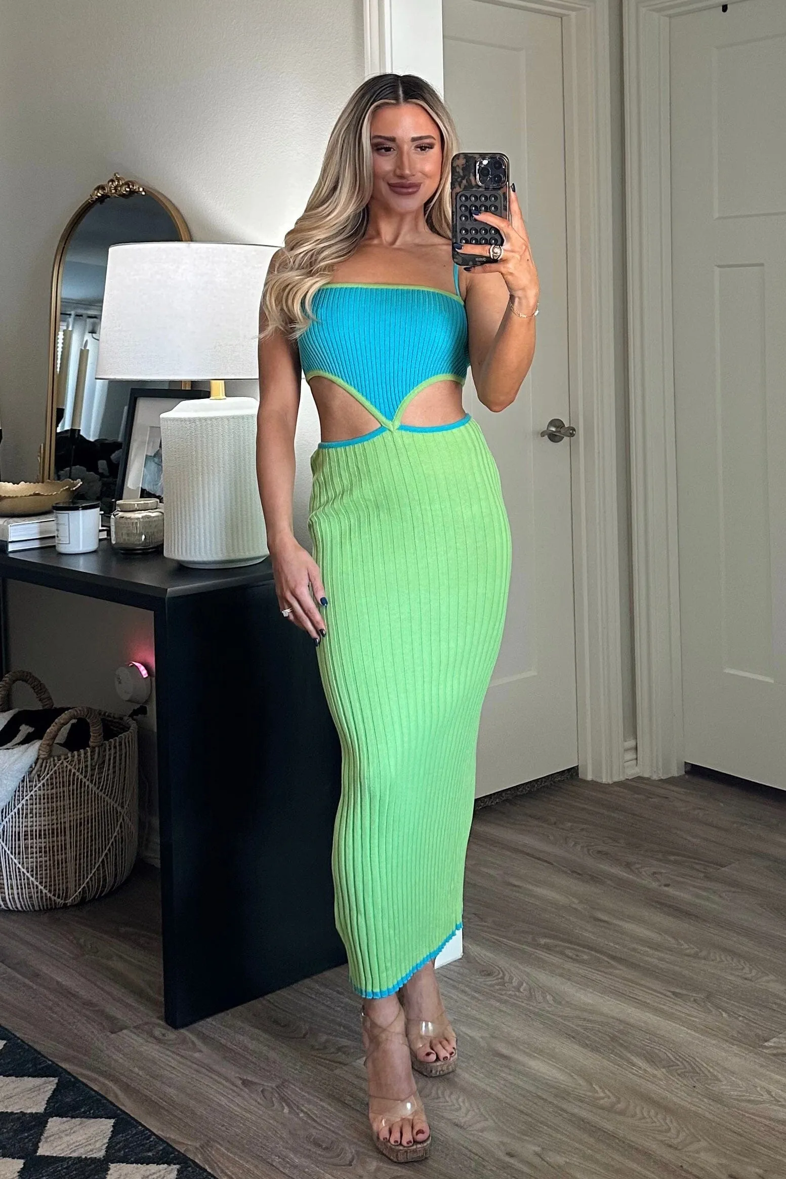 Britt Cutout Ribbed Midi Dress: Blue/Green Multi
