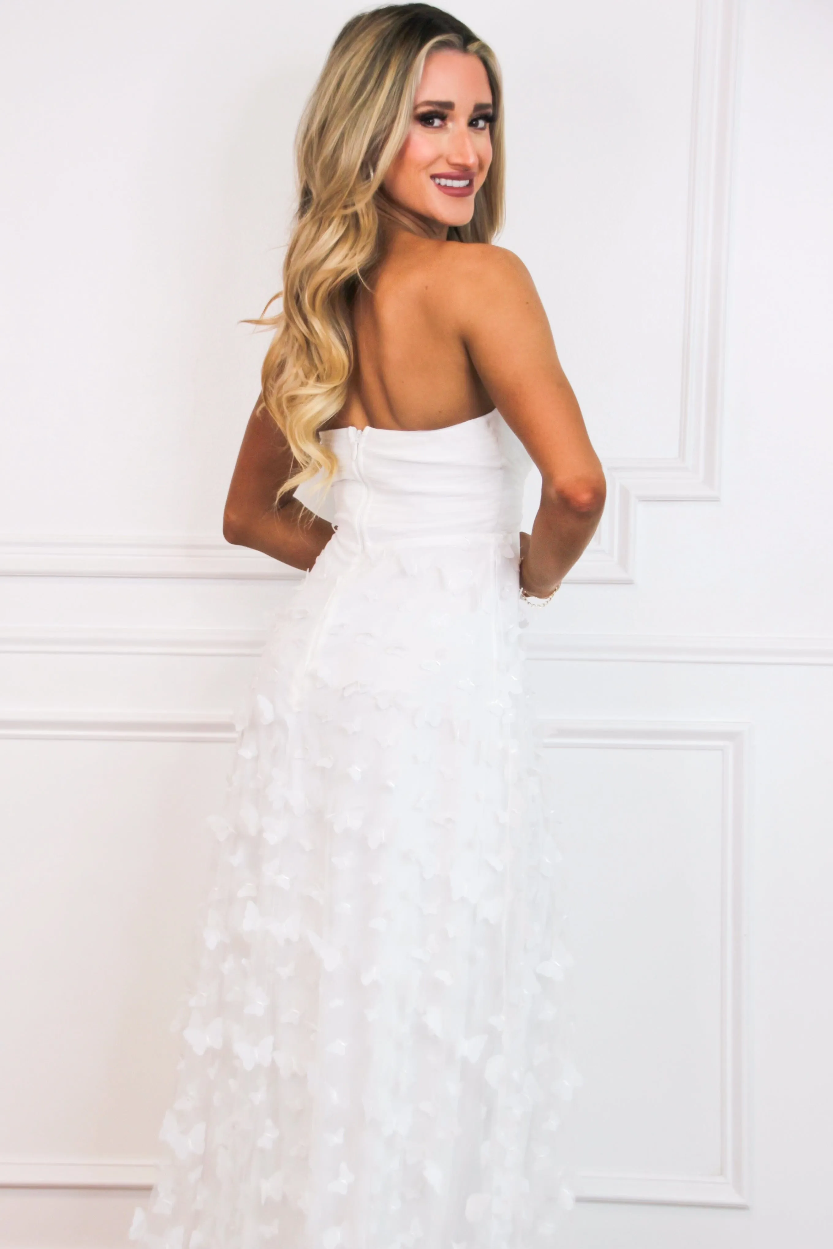 Butterfly Kisses Strapless Applique Maxi Dress: White
