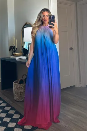 By the Water Ombre Pleated Halter Maxi Dress: Blue Multi