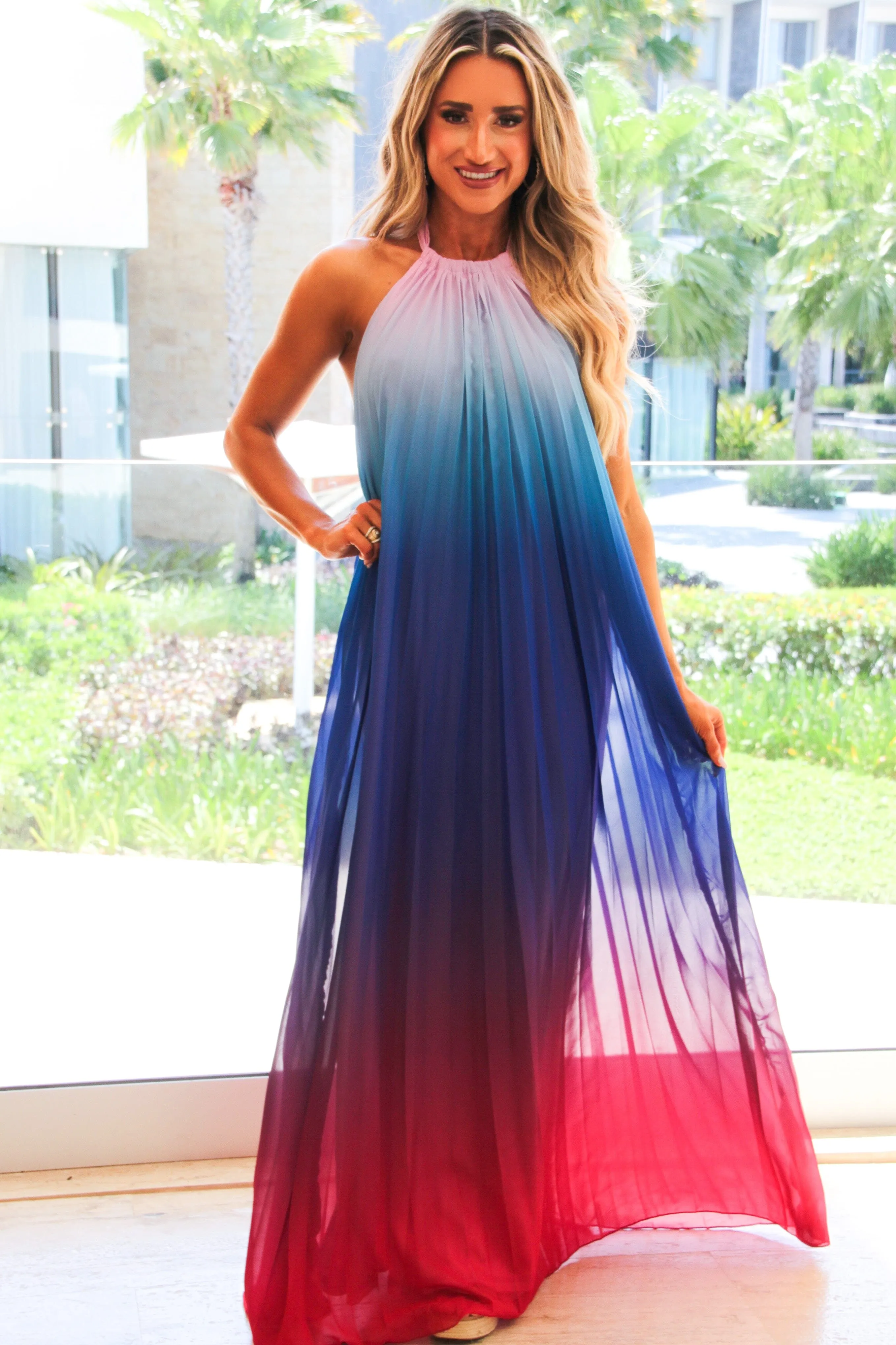 By the Water Ombre Pleated Halter Maxi Dress: Blue Multi