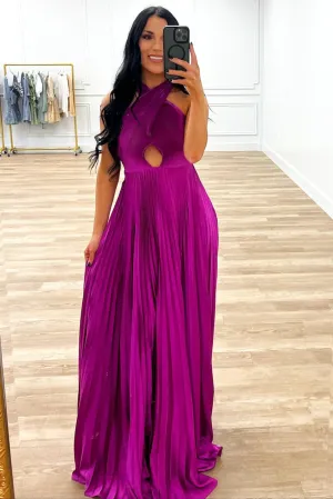 Calista High Neck Pleated Maxi Dress: Magenta Orchid