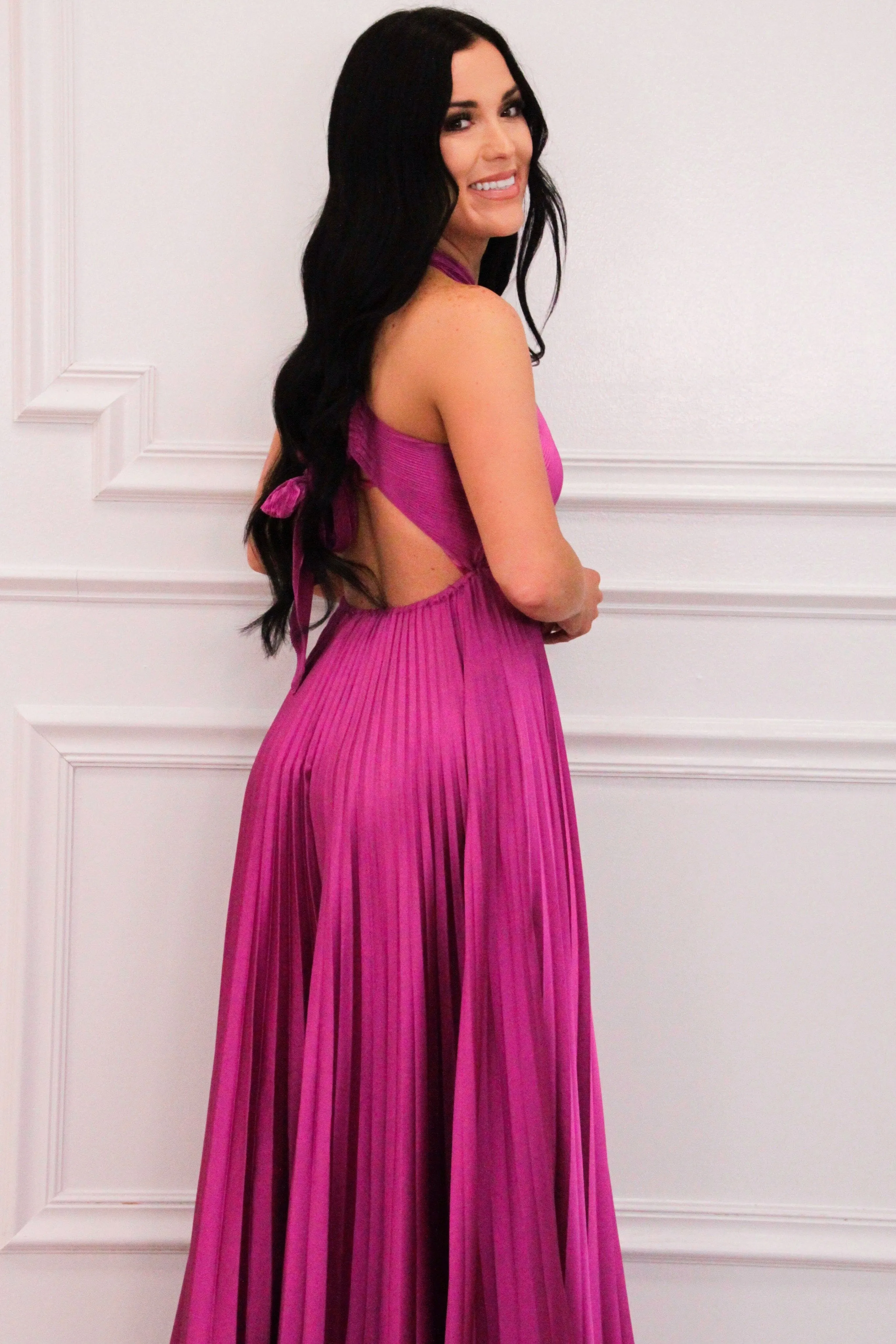 Calista High Neck Pleated Maxi Dress: Magenta Orchid