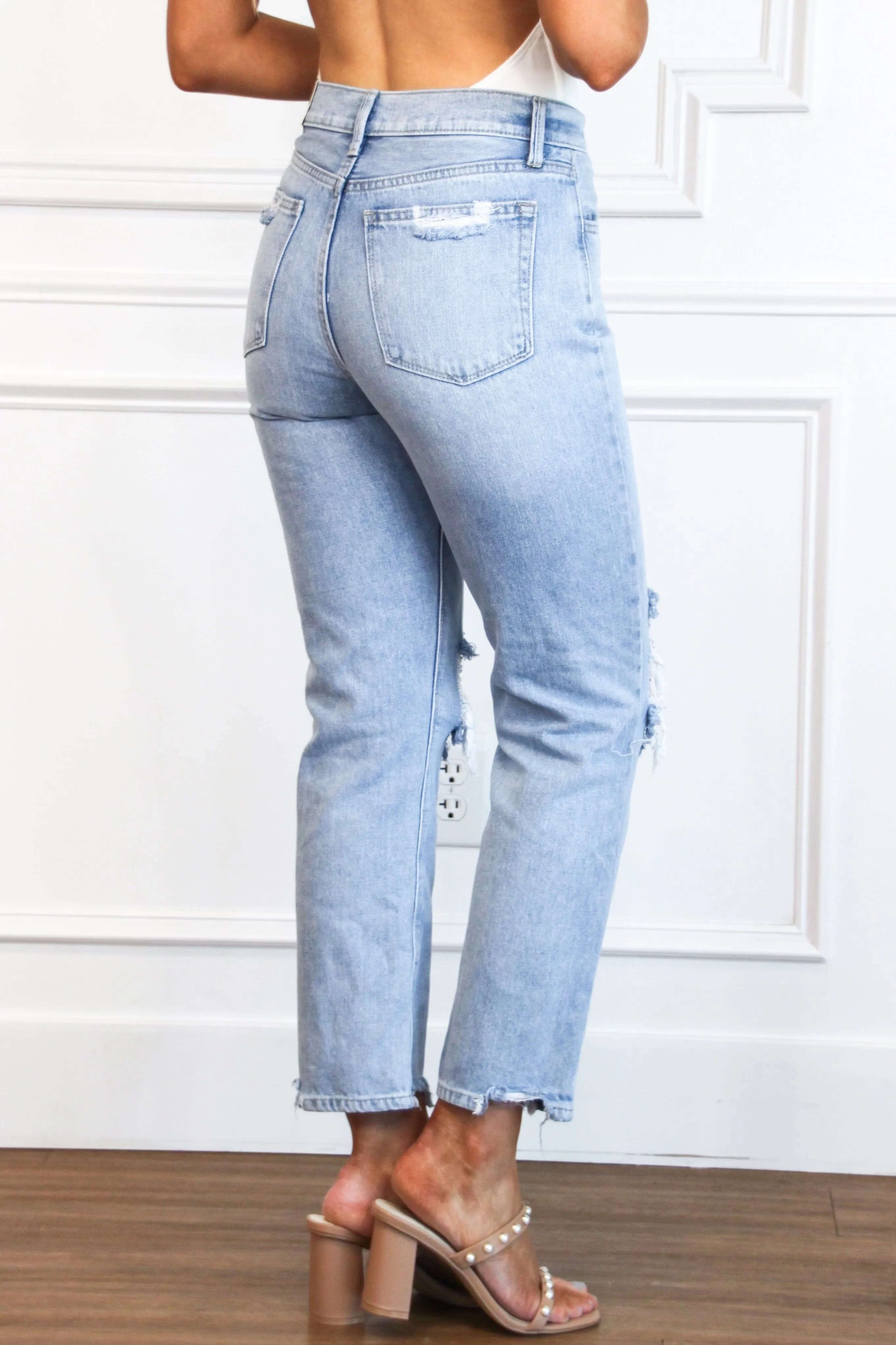 Callaway Distressed High Waisted Straight Denim: Light Wash